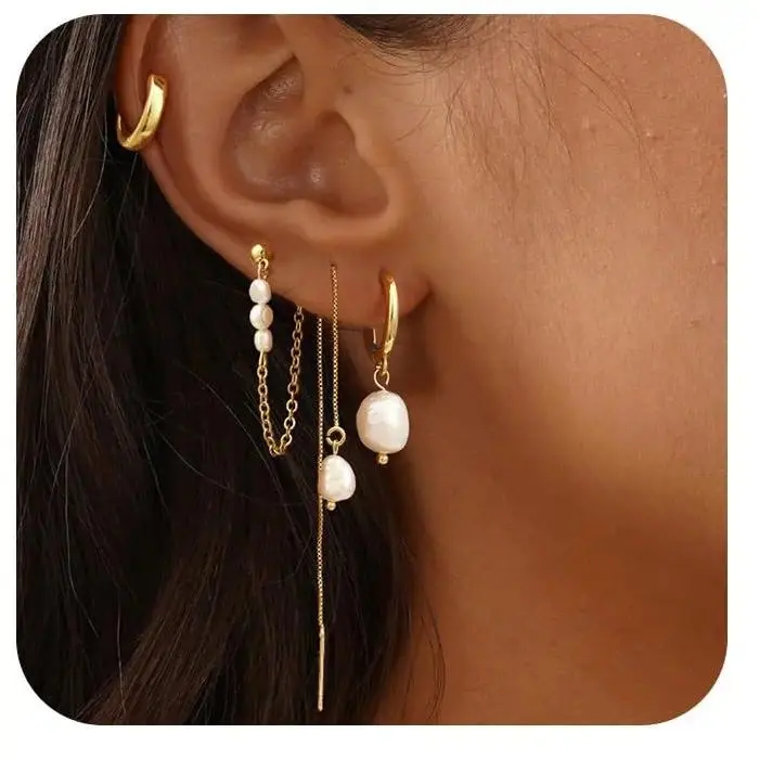 Trendy Dainty Pearl Drop Hoop Earrings for Women, Green Crystal Gold Chain Dangle Earrings, Hypoallergenic Minimalist Multi-Piercing Jewelry Set, Aesthetic Lightweight Fashion Earrings for Daily Wear, Party, Vacation & Gift for Her