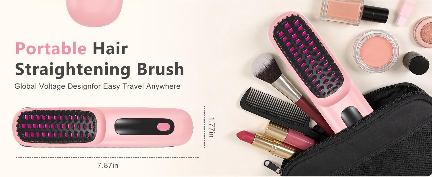 Go Brush Pro 2026, Portable Straightener Brushs for Travel, with LCD Temperature Display, Fast Heating Cordless Mini Hair Brushs (Pink)