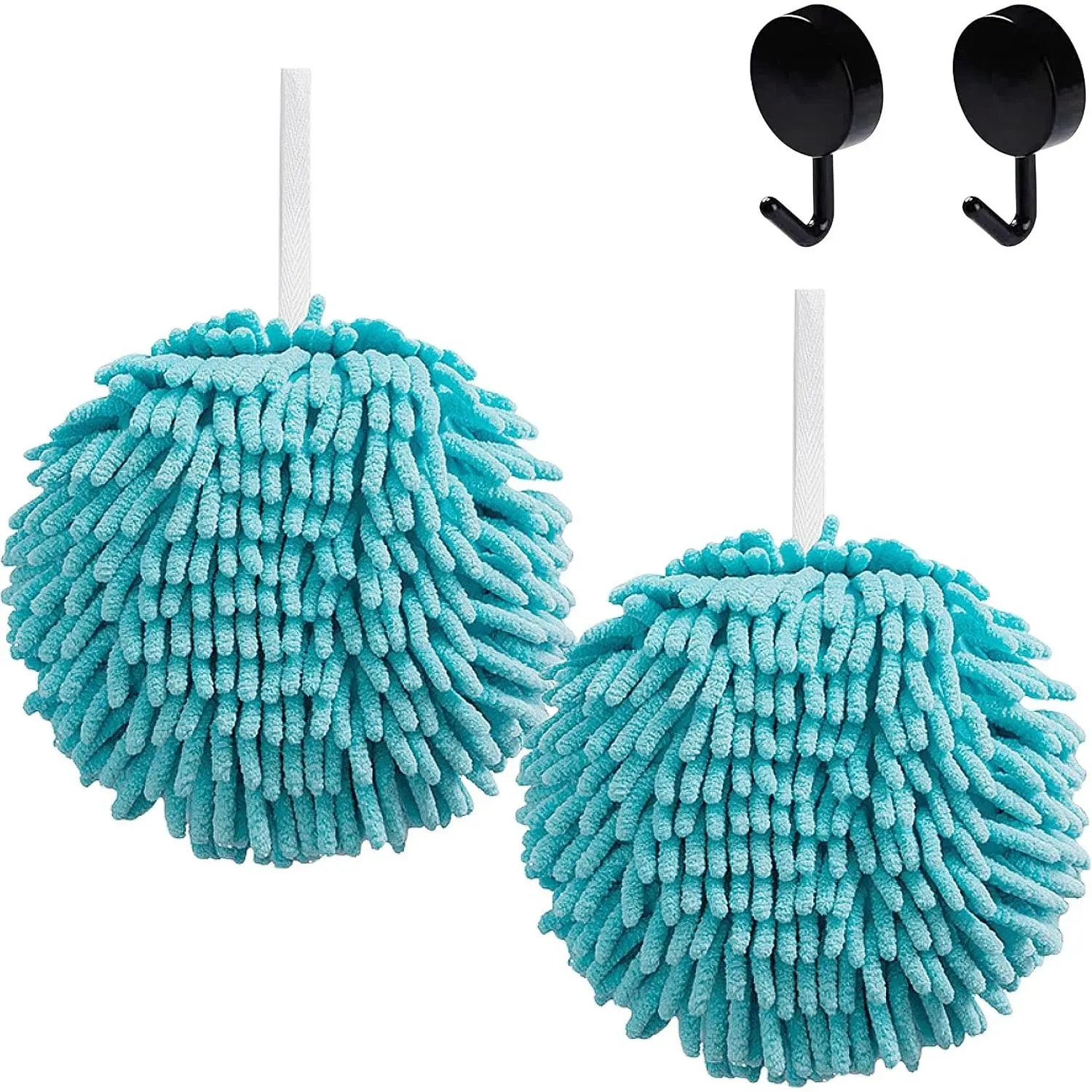 2 count Fuzzy Ball Hand Towels, Microfiber Hand Towels for Bathroom with  Loop, Soft  Drying Decorative Chenille Hand Bath Towels with 2 Hooks (2 Blue)