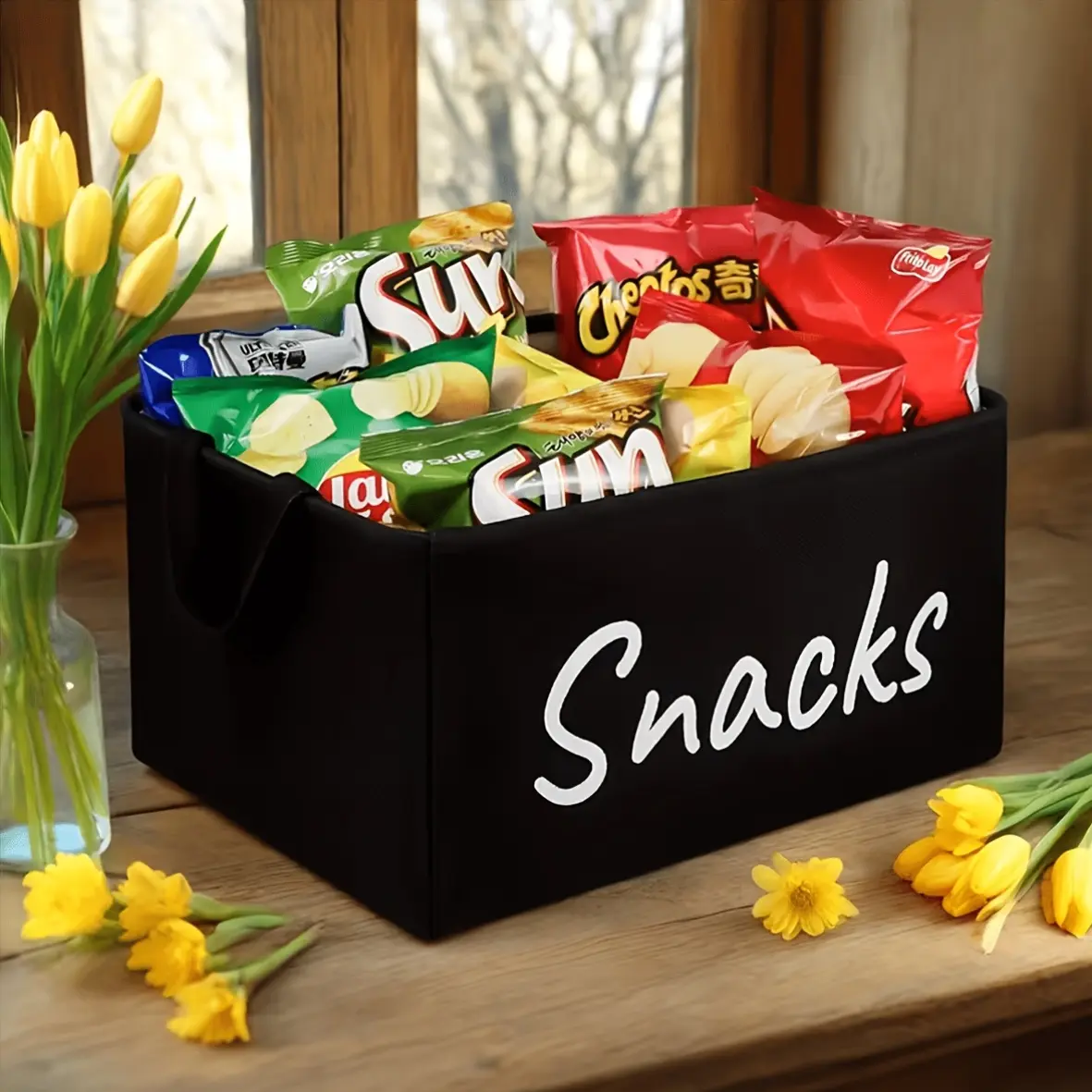 [HomeGlobe] Large Capacity Black Snack Storage Box - Black Kitchen Storage Basket, Fabric Food Storage Box and Countertop Storage Box, Suitable for Space-Saving Cabinet or Countertop Storage Containers