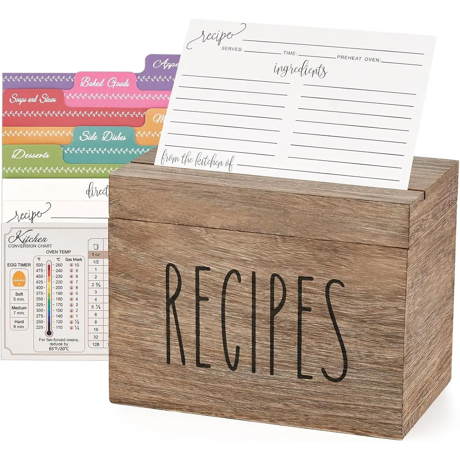 Wooden Recipe Box Brown Recipe Organizer with 100 Recipe Cards and 6 Dividers, Recipe Card Holder Box Set with Lid and Slots to Write in Your Own Recipes for Cooking Lover Kitchen