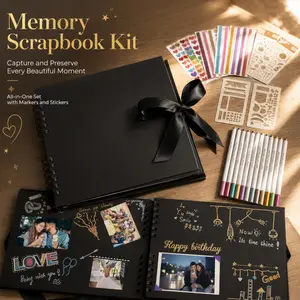 All-in-One Black Paper Scrapbook Album Kit with Metallic Marker Pens, Stickers & Template Stencils, DIY Memory Photo Journal Book for Anniversary, Birthday Gift