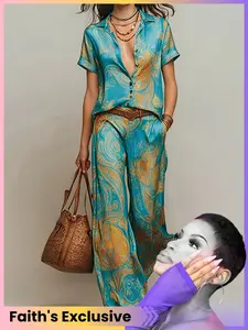 [Faith's Exclusive] Casual Vacation Chic Style Blouse with Pocket and Straight Pants, No Belt Included, Perfect for Leisure Wear
