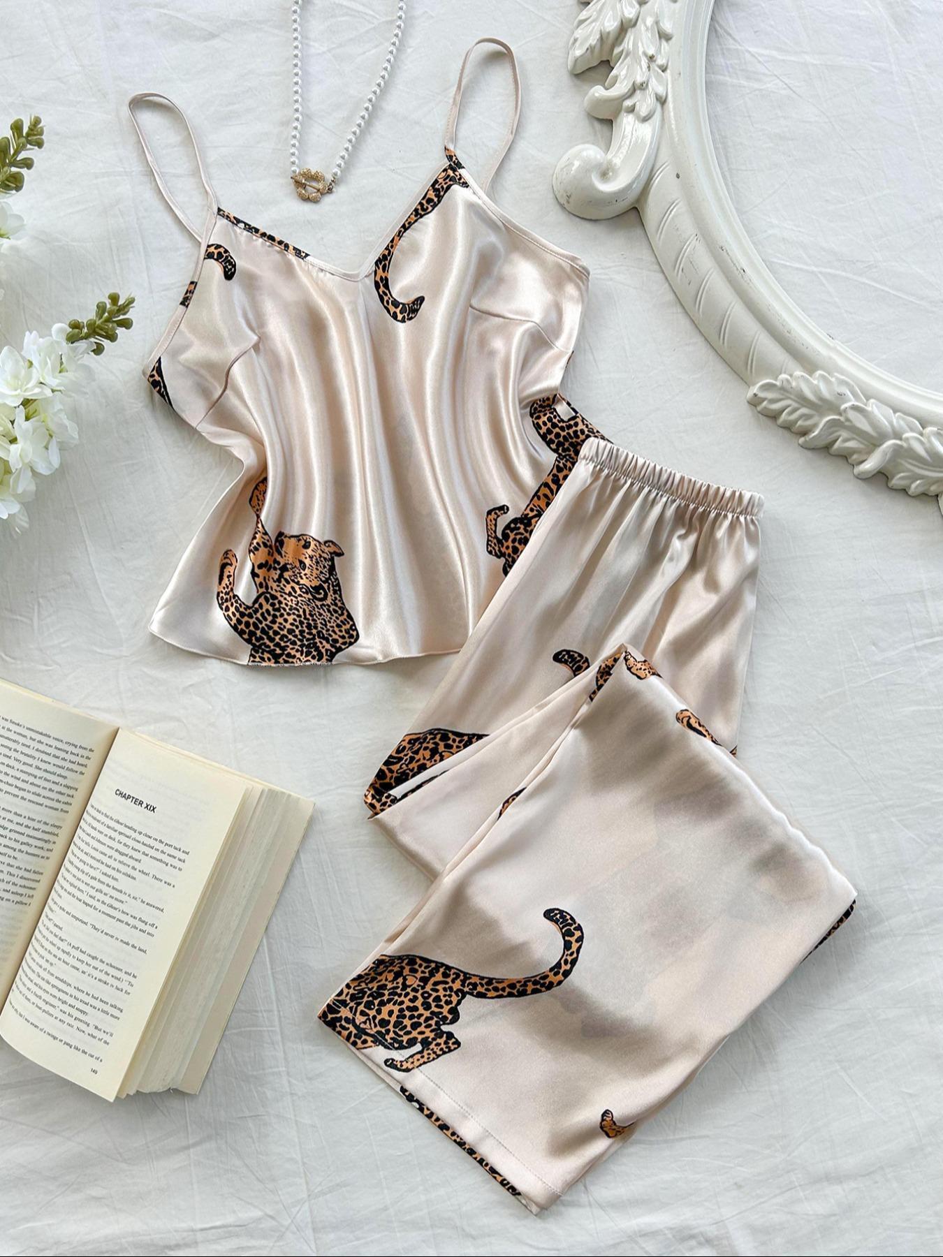 Women's Leopard Print Cami Top & Pants Pyjama Two-piece Set, Comfort Casual Fitted Camisole & Trousers Pj Set, Women's Sleepwear for All Seasons