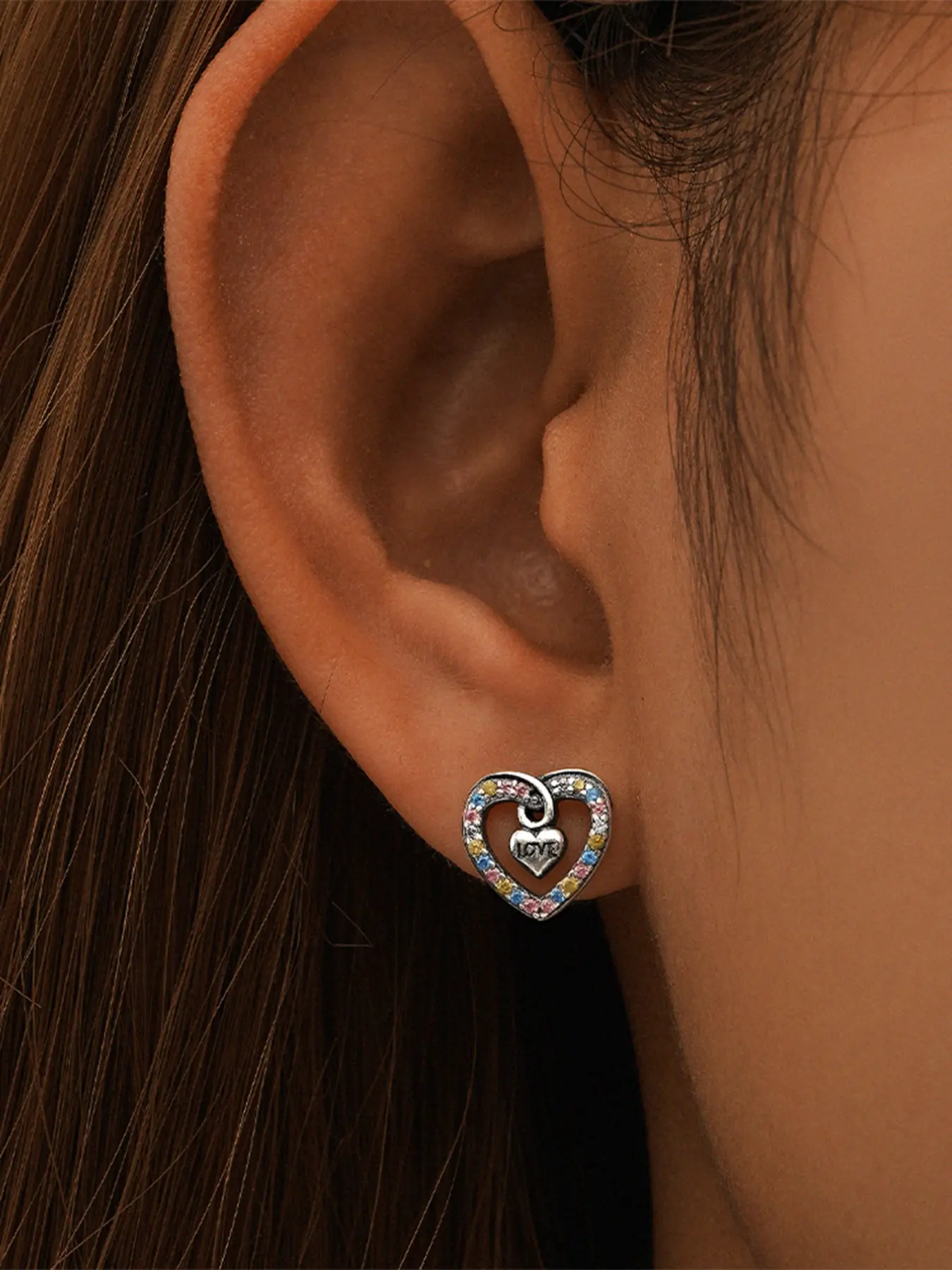 1Pair 925 Sterling Silver Vintage Double Heart Cubic Zirconia Stud Earrings Hypoallergenic Cartilage Helix Tragus Lobe Piercing Jewelry Suitable For Women For Daily, Dates, Vacation, Wedding, Party, Holiday Gift