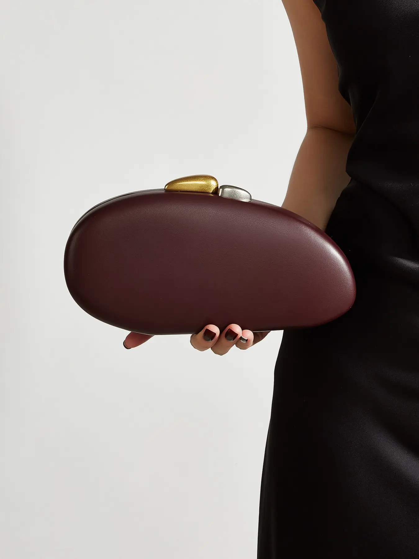 Minimalist Matte Burgundy Oval Clutch, Smooth Pebble Hard Case Evening Bag, Unique Two-Tone Lock Shoulder Purse with Chain