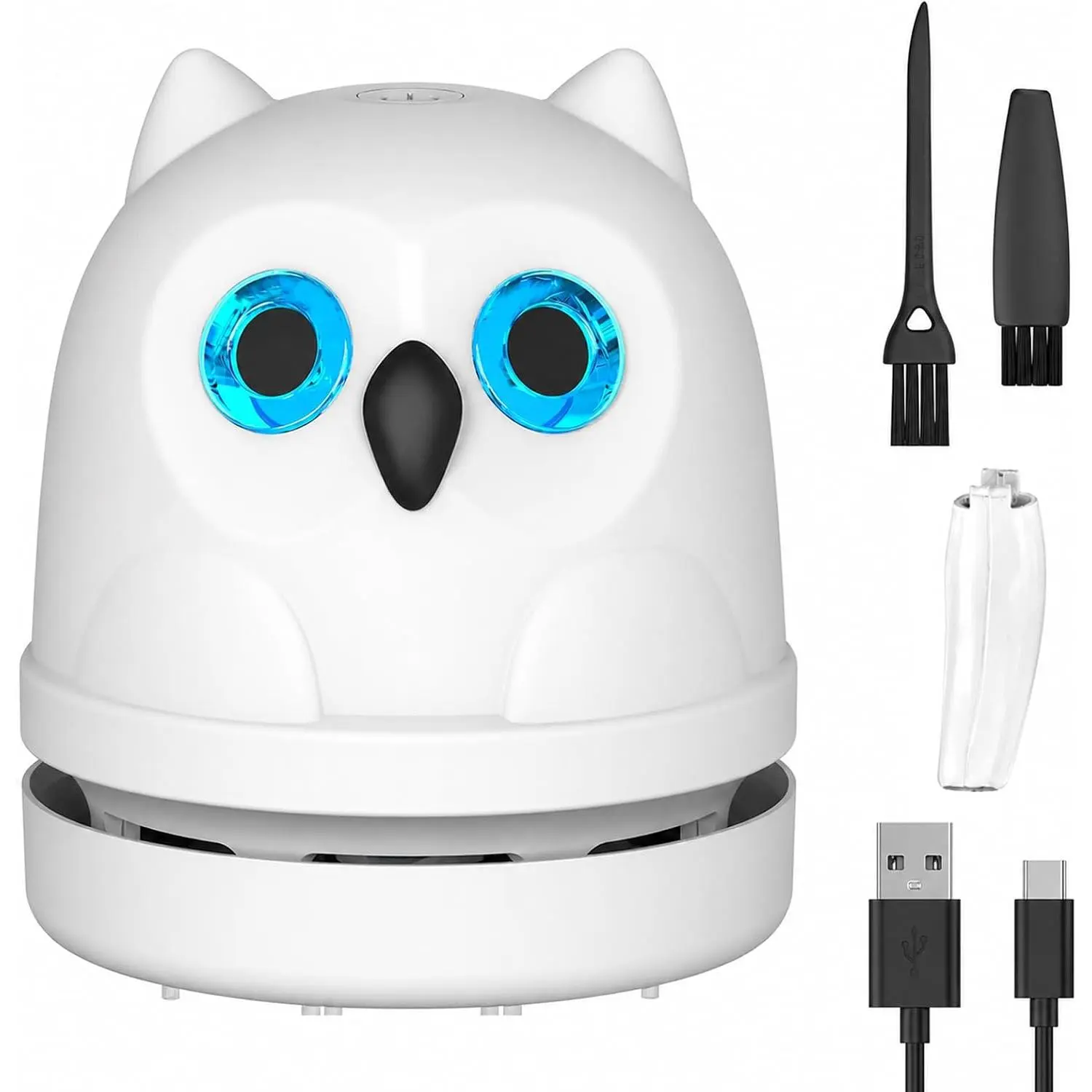 Cordless Mini Desktop Owl-Shaped Vacuum Cleaner, USB-C Rechargeable Low-Noise Model 1 with Polymer Body | Phone Adapter Included for Cleaning Crumbs, Hair, Paper Scraps & Keyboards