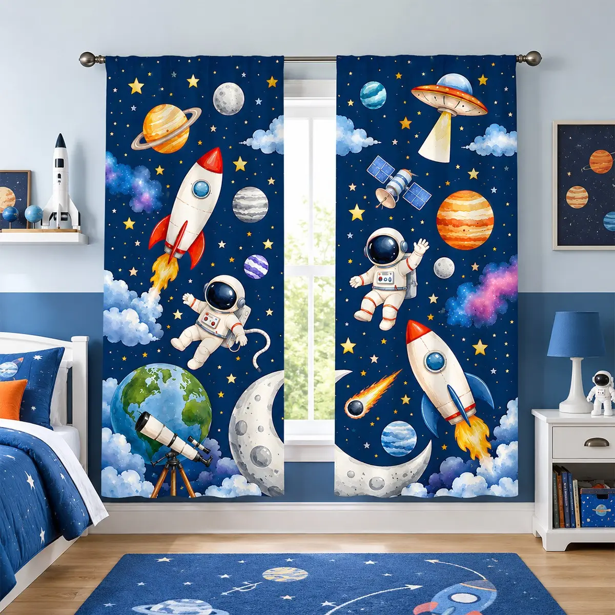 2-Piece Cartoon Space Astronaut Rocket Planet Print Semi-Transparent Window Curtain Set (90g Polyester Fiber) for Children's Rooms, Fun Starry Sky Style, Rod-Mounted Privacy Curtains