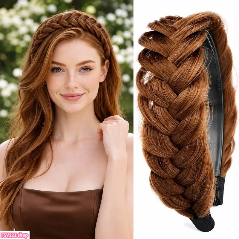 Women's Wide Fishtail Braided Headband with Teeth - Chunky Plait, Elastic Band, Synthetic Fiber, Unisex, High Elasticity Hairpiece, Cute Y2K Coquette Accessory, Medium Brown, One Size