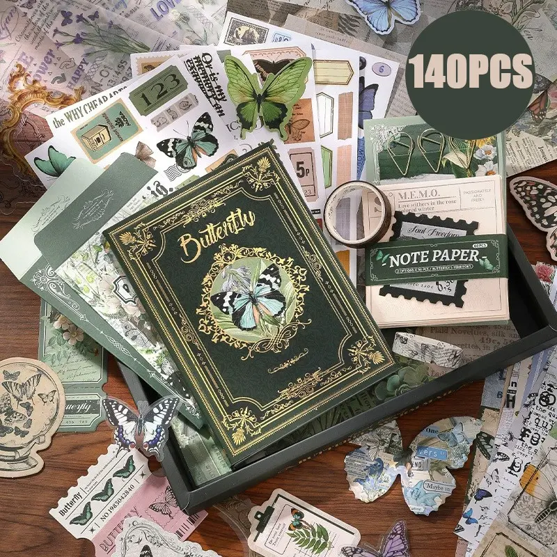 140pcs Butterfly Series Vintage Scrapbooking Journal Kit – Complete DIY Stationery Gift Box with Notebook, Stickers, Washi Tape, Memo Pads, Envelopes, Cards, Decorative Paper, Craft Supplies for Teens Adults, Aesthetic Retro Journaling Set for Women Girls