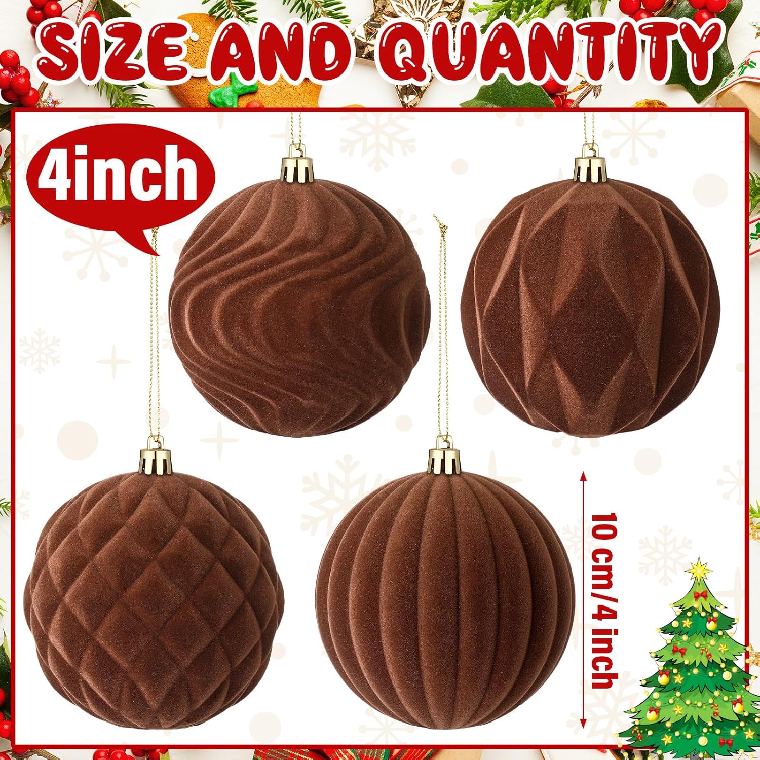 4 Pcs 4 Inch Brown Large Velvet Christmas Ball Ornaments Vintage Christmas Plastic Ball Ornaments Flocked Tree Hanging Decoration for Xmas Party Wedding Home Decor
