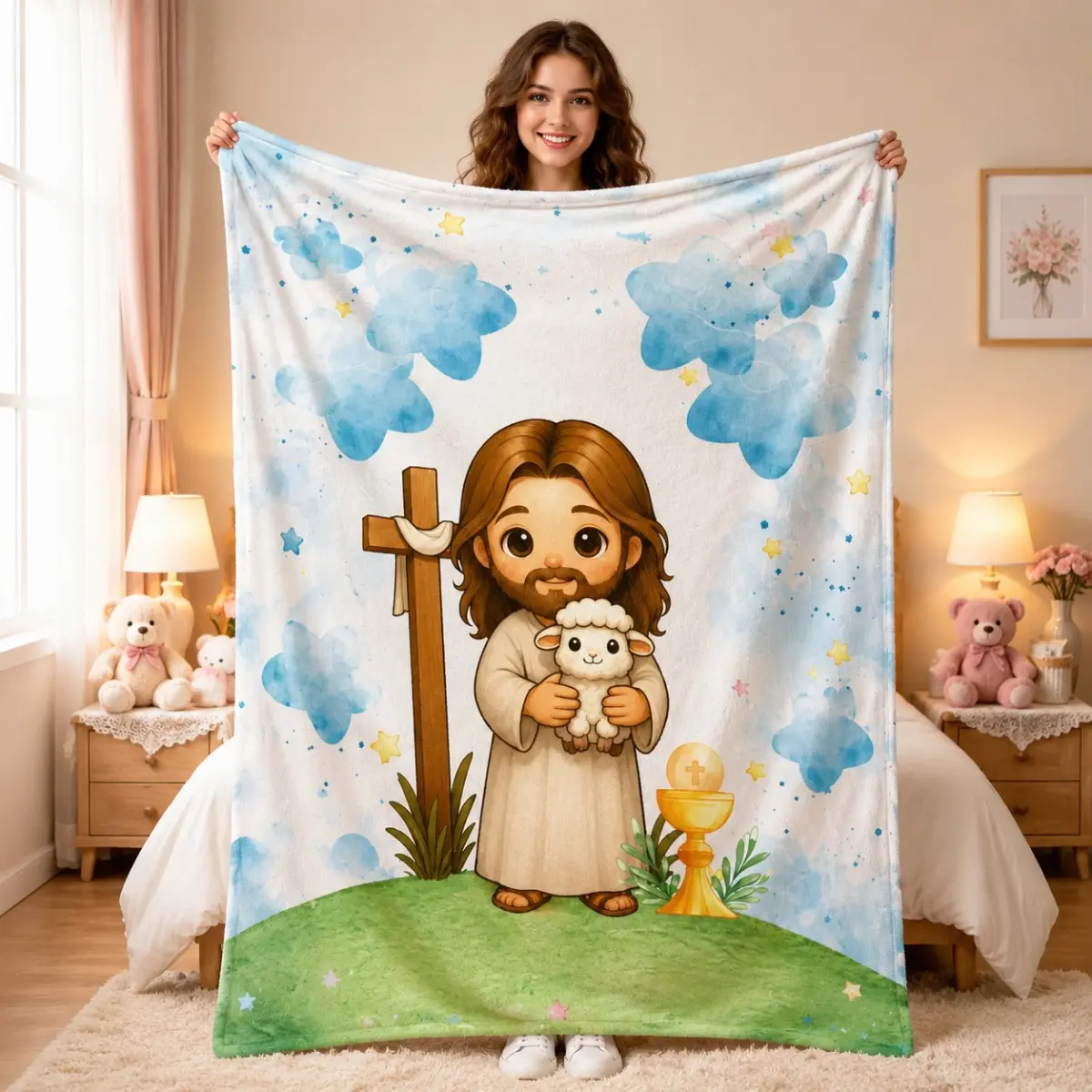 Christian Cartoon Jesus Lamb Watercolor Print Flannel Throw Blanket - Flannel Texture, Lightweight Softness, Cross Eucharist Design, Cozy Nursery Bedding, Ideal Baptism Gift