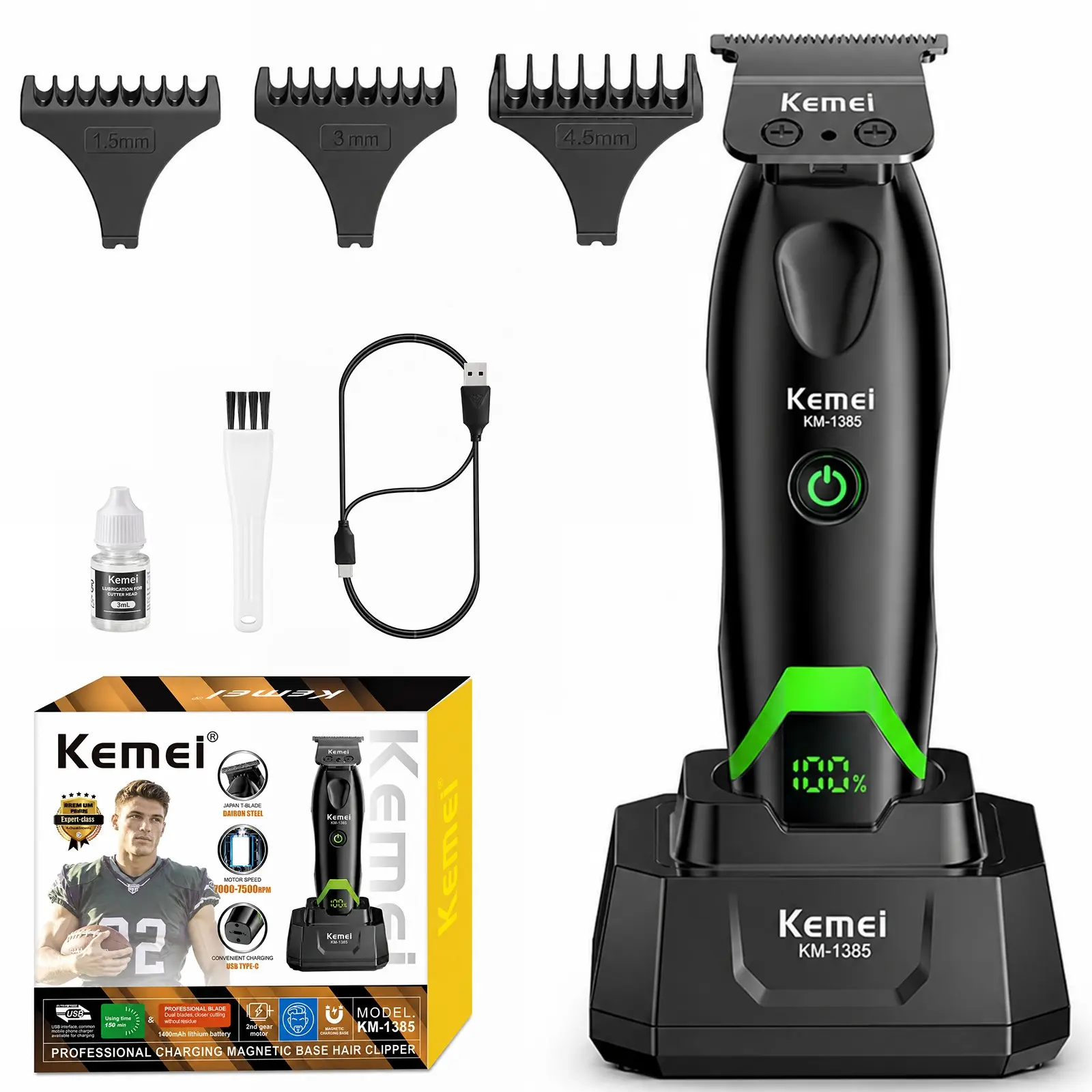 Kemei Km-1385 Wireless Electric Hair Trimmer, T-Type Blade, Rechargeable Beard Clipper, Precision Blade, High-Quality Barber Tool