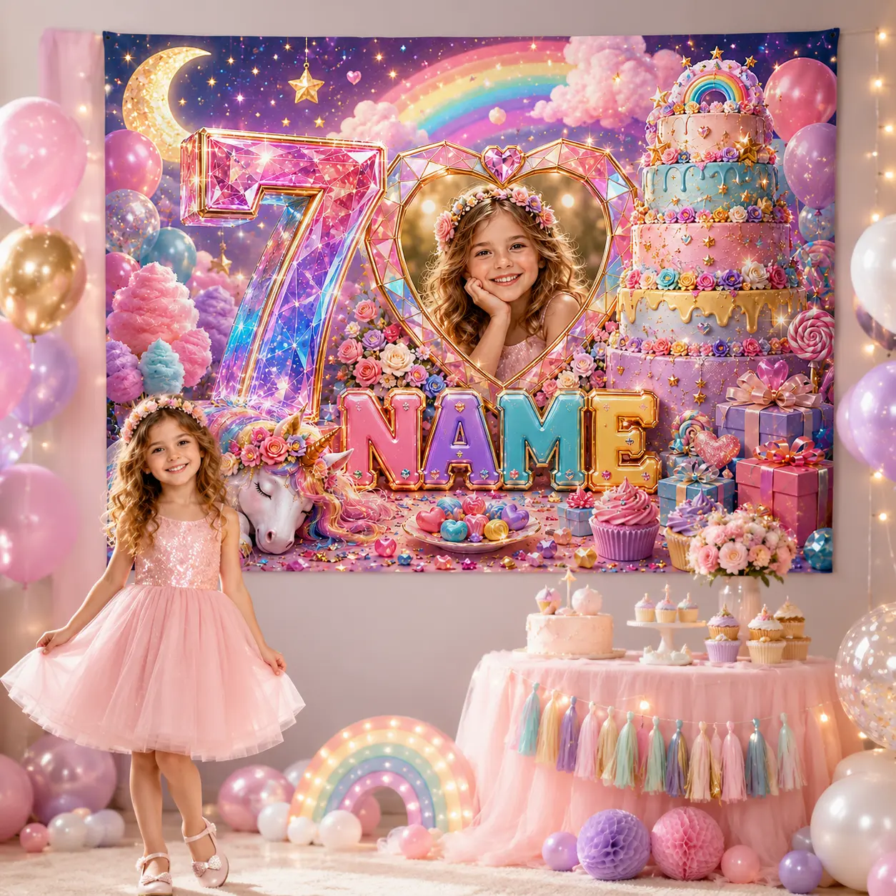 Personalized 7th Birthday Backdrop with Photo and Name, Pastel Rainbow, Unicorn, Cake and Balloon Party Decor