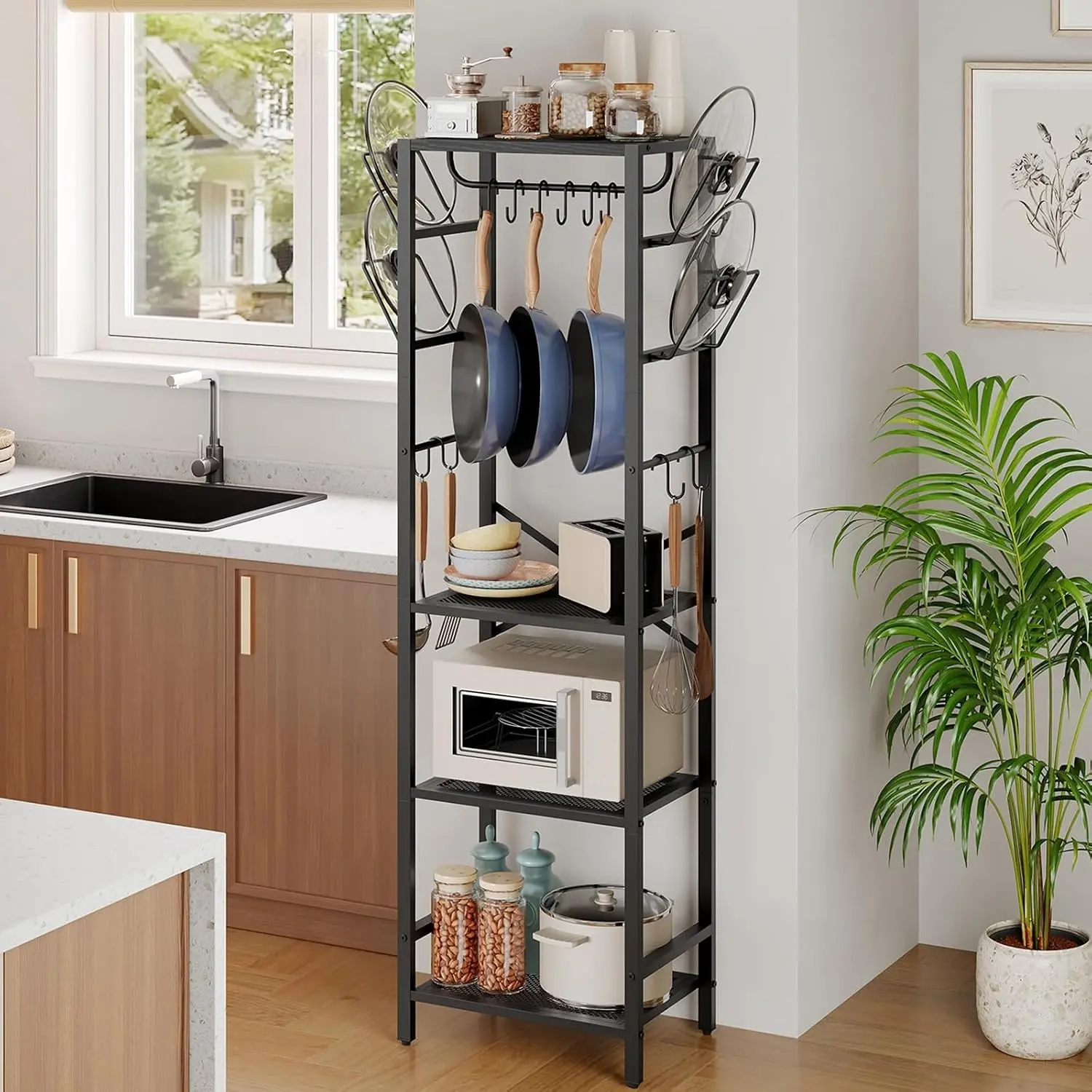 4-Tier Pot Rack, Pots and Pans Organizer for Kitchen Corner, Kitchen Storage Rack with U-Shaped Lid Holders, Freestanding Cookware Stand, Black POBK3001