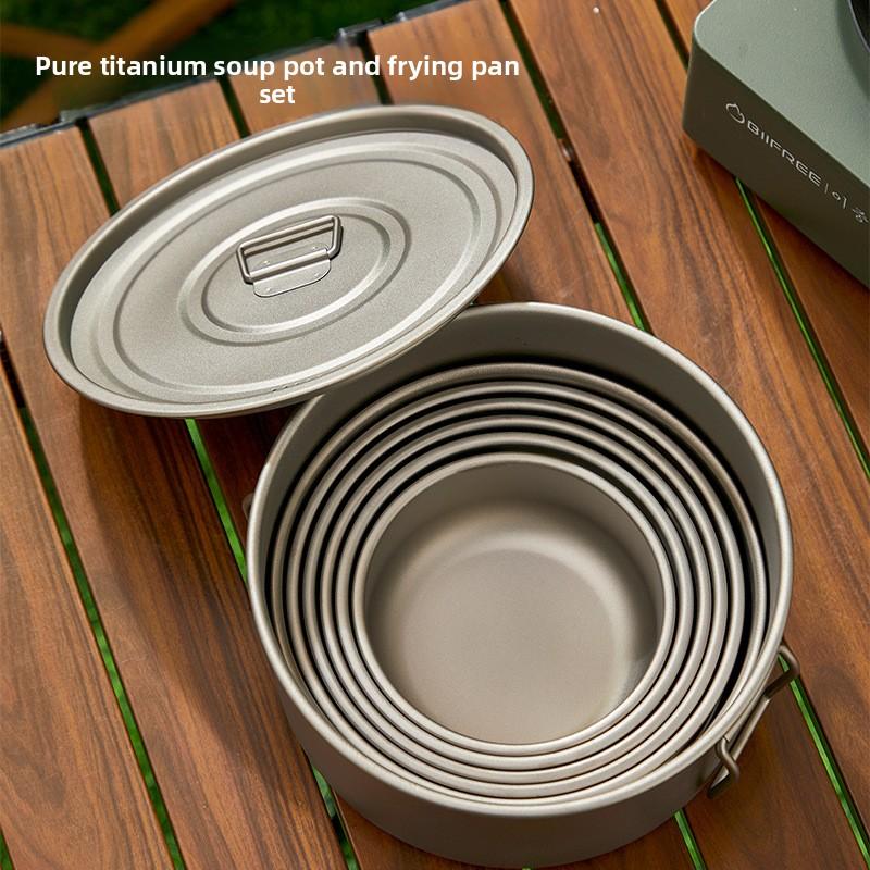 Pure Titanium Camping Cookware Set Foldable Lightweight Outdoor Pot Pan for Backpacking Hiking Picnic Cooking with Soup Frying Pot