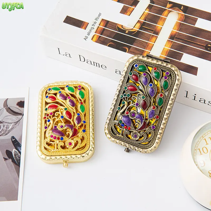 Vintage Elegant Enamel Peacock Hollow Carved Pocket Mirror, Double Sided Folding Compact Makeup Mirror with Metal Frame, Retro Bohemian Floral Cosmetic Mirror,Portable HD Dual Lens Mirror for Purse Travel Daily Touch Up Birthday Mother Day Gift
