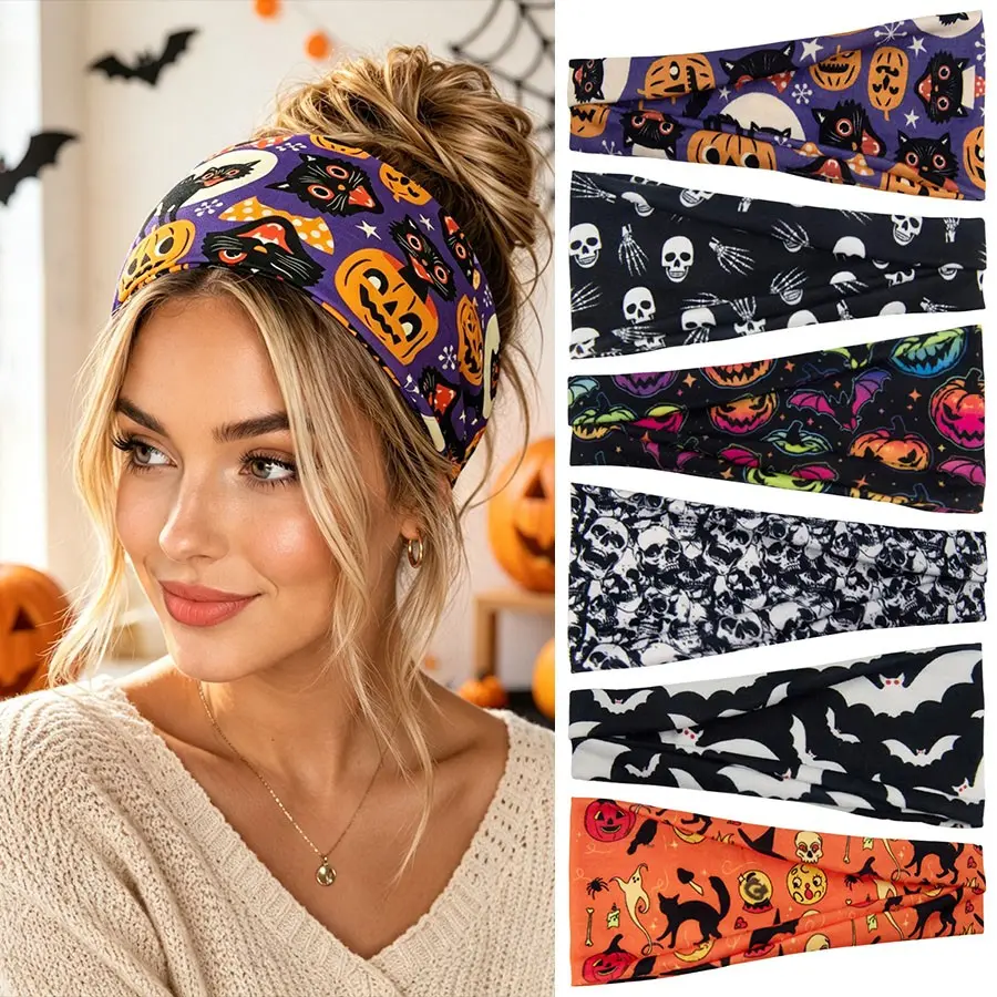 3pcs Stretch Headbands Halloween Pumpkin Skull Print Wide Headbands Yoga Sports Fitness Hair Bands