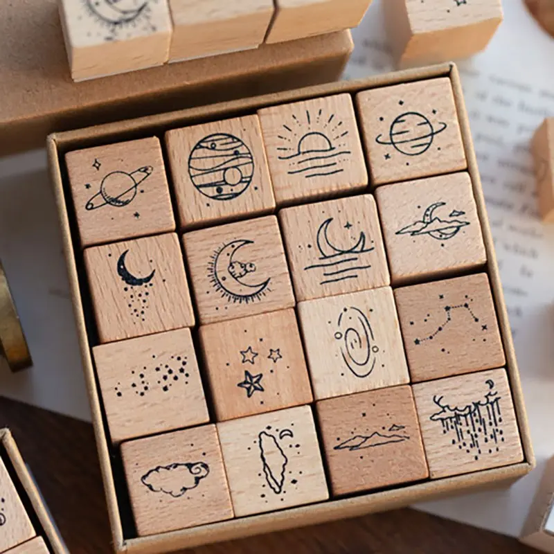 1 Box 16 Wooden Stamps Set, Handmade Decorative Stamps for DIY Art, Moon and Sixpence Series, Perfect for Journaling and Crafting