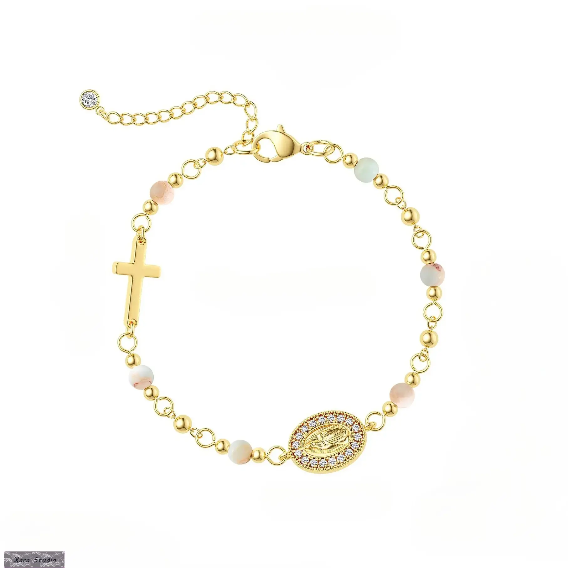 Christian Beaded Bracelet for Women & Men, Natural White Turquoise & Pink Zebra Jasper Stone Stretch Bracelet, Gold Plated Virgin Mary Coin Charm, Hypoallergenic Faith Jewelry, Catholic Prayer Bracelet for Daily Wear, Church, Baptism, Easter, Birthday Gif