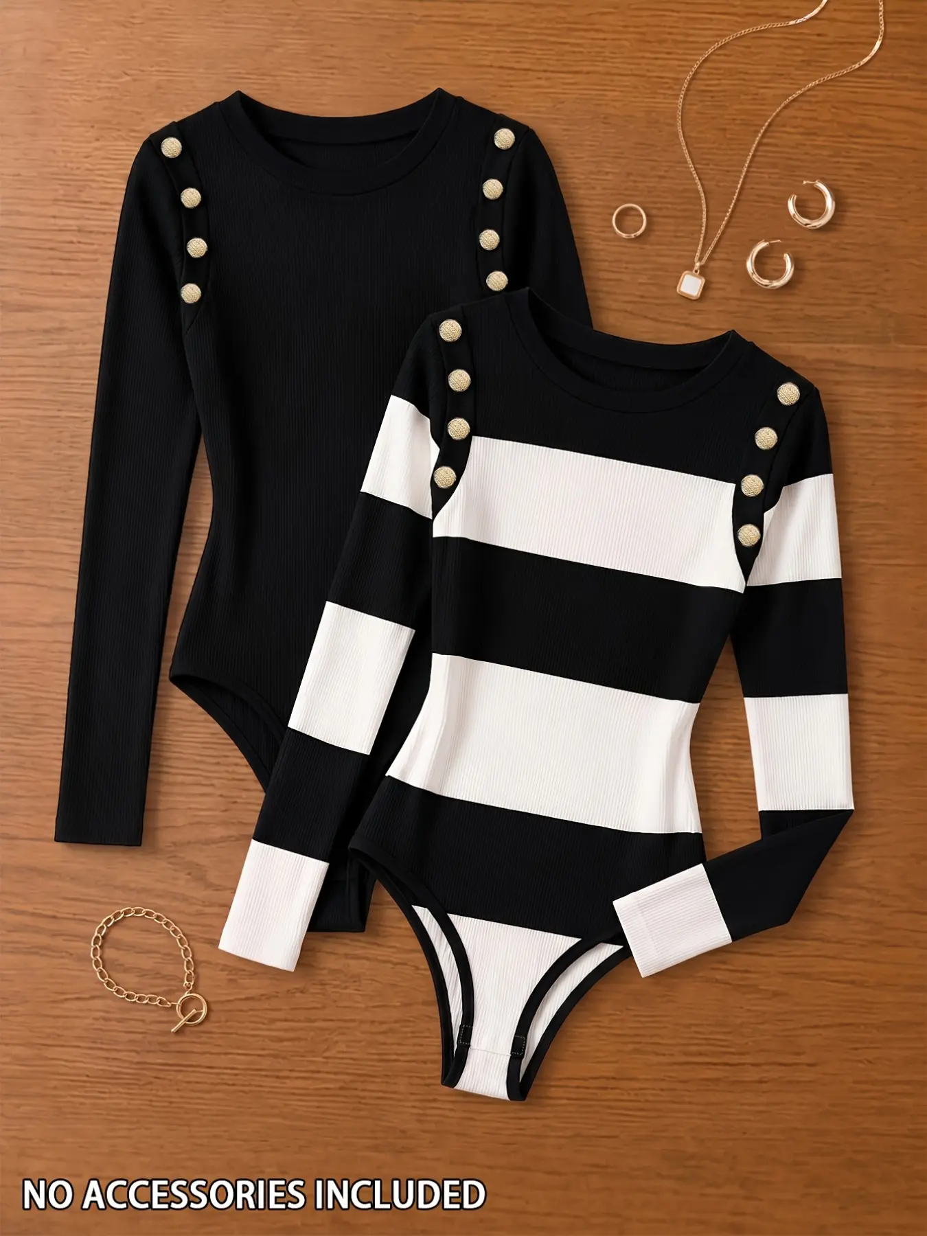 Women's Long Sleeve Soft Knit Bodysuit, Round Neck, Buttons, Slim Fit, and Stripes, Tight Inner Wear, Fashionable, Casual
