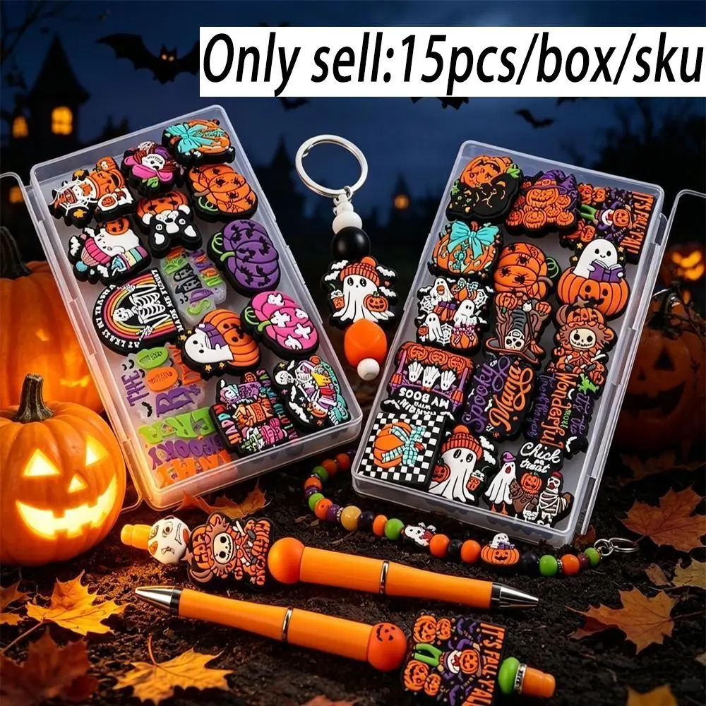 15pcs Halloween Color Focal Beads Set, Includes Silicone Beads, Pumpkin, Ghost/bat Patterns, Ideal for DIY Crafts, Pens, Keychains, Diy Beading Accessories, Beaded Set