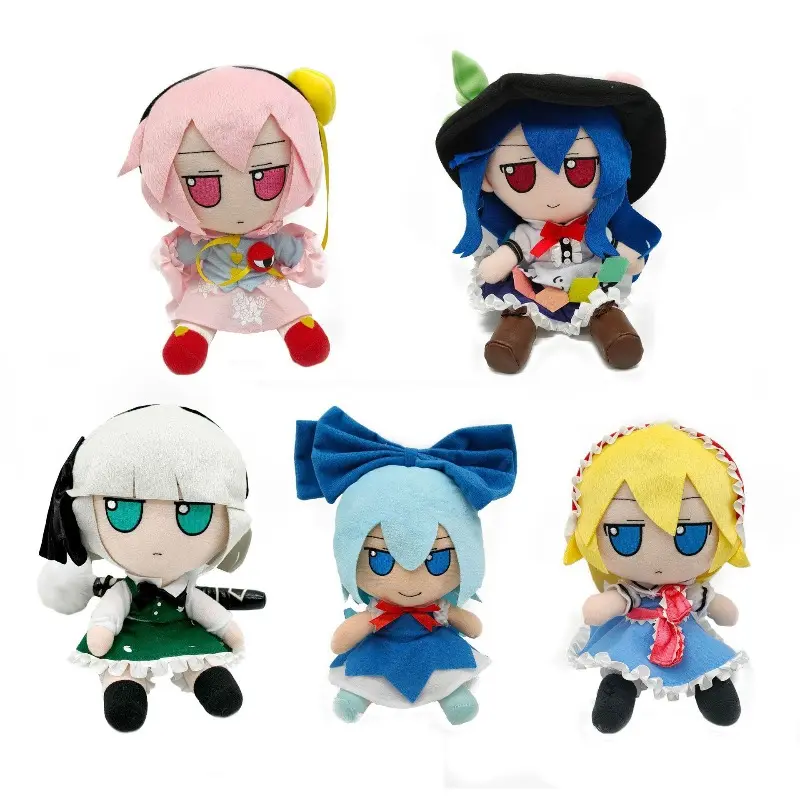 Touhou Project Complete 5 Character Plush Toy Full Set Anime Game Stuffed Doll Satori Koishi Tenshi Cirno Marisa Chibi Sitting Figure Soft Flannel Kawaii Maid Dress Uniform Cute Plushies Gift For Anime Game Fans Teens Girls Bedroom Sofa Desk Cabinet Cospl