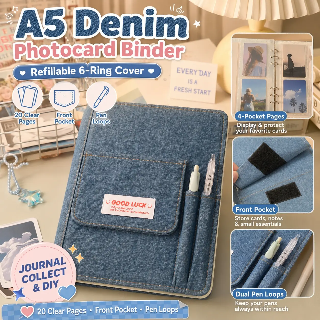 A5 Denim Notebook Binder Y2K Vintage Refillable 6 Ring Journal Cover with 20 Sheets Filler Paper, Cute Pocket Diary Planner Photo Card Album for Girls, Kpop Photocard Storage Book for School College DIY Scrapbook