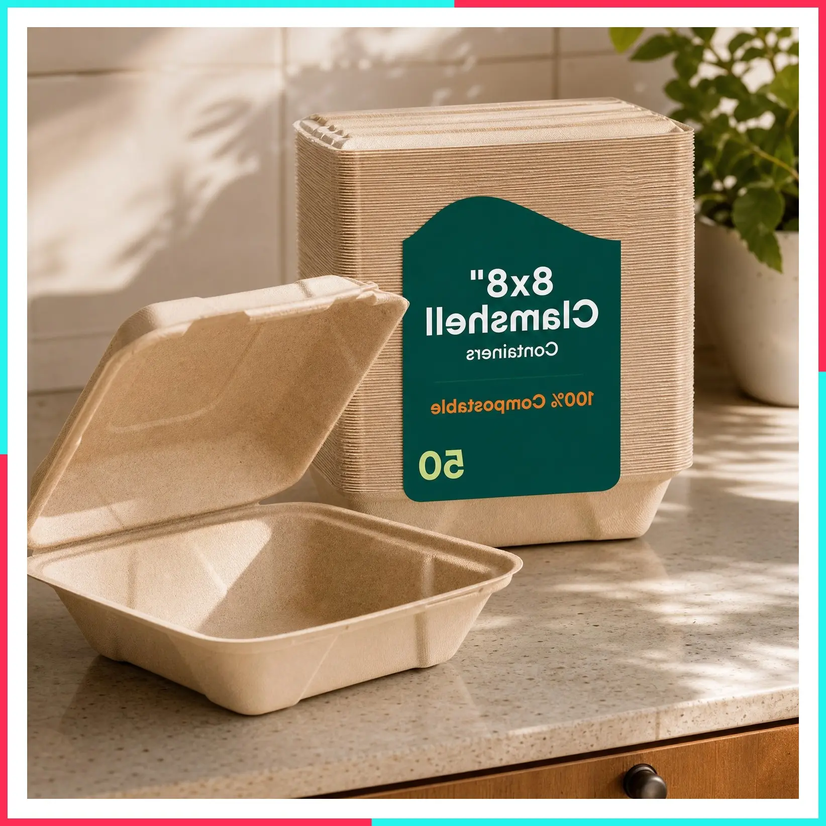 100% Compostable Clamshell Take Out Food Containers, 8x8" 50-Pack, Heavy-Duty Natural Bagasse, Eco-Friendly Biodegradable Sugar Cane Fiber, Secure Snap Hinged Lid