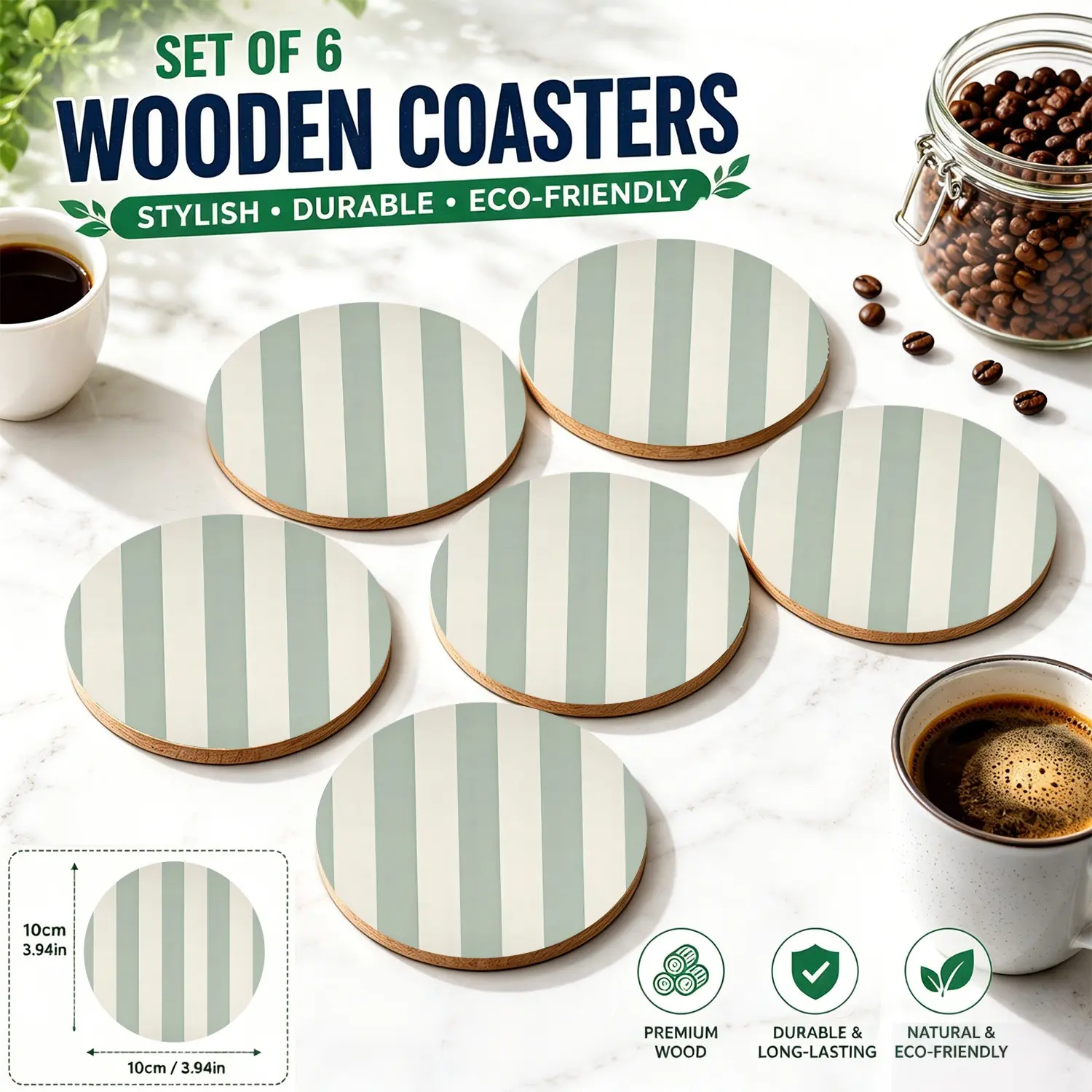 6PCS Sage Green & Cream Wood Coasters | Modern Minimalist Table Decor | Vertical Stripes Design | Living Room Coffee Station | Premium Eco Durable 🏠
