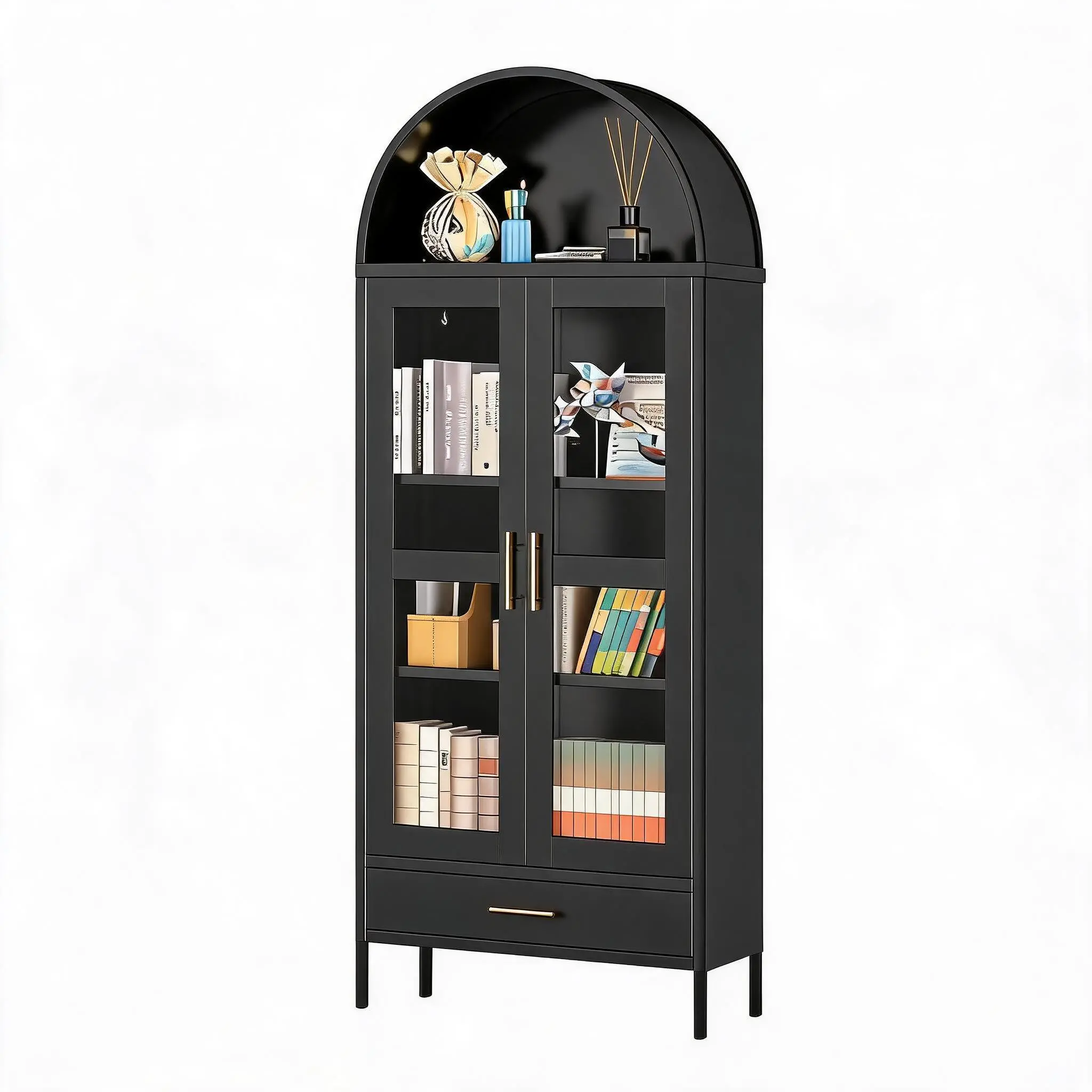 73" Tall Arched Metal Entryway Storage Cabinet with Glass Doors - Large Drawer, 2 Adjustable Shelves, Freestanding Modern Display Cupboard for Living/Dining Room