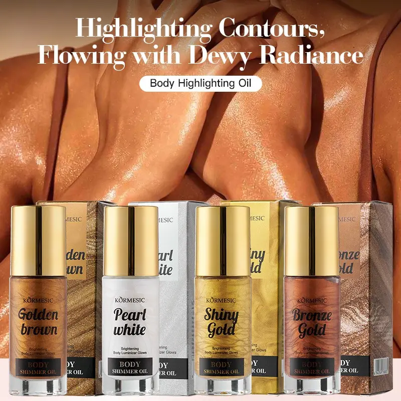 KORMESIC 4 Shades Body Shimmer Highlight Oil, Luminous Shimmer, Pearl White/Shiny Gold/Bronze, Lightweight Hydrating Liquid Luminizer, Diamond Glow Sculpt Contour, Fix Dull Dry Skin, Long Lasting No Streaks, Party Beach Body Highlighter Makeup