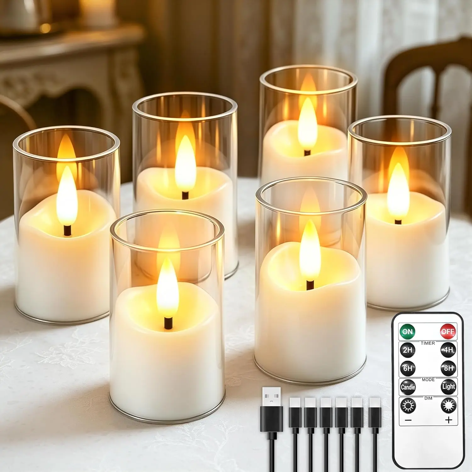 Rechargeable Flameless Candles with Timer Remote, 1.7"x2.6" Clear Acrylic LED Tea Lights Candles,Small Votive Electric LED Candles for Home Aniversary Wedding Holiday Decor(6 Pack)