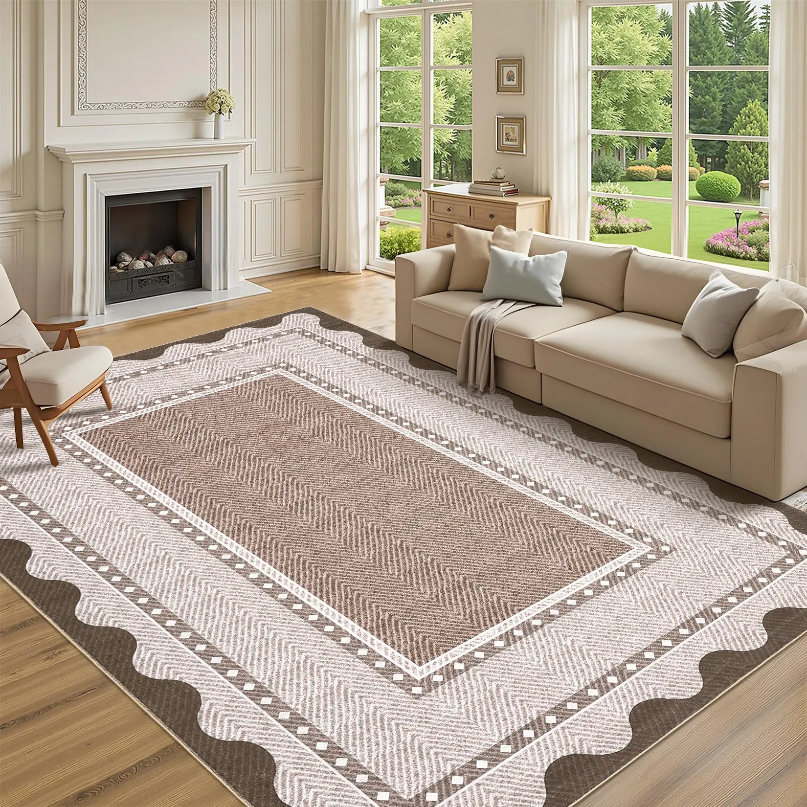 Modern Washable Area Rug – Low Pile, Non-Slip Rubber Backing, Spot Resistant, Non-Shedding Carpet for Living Room, Bedroom, Kitchen, Office – Soft Neutral Bordered Mat