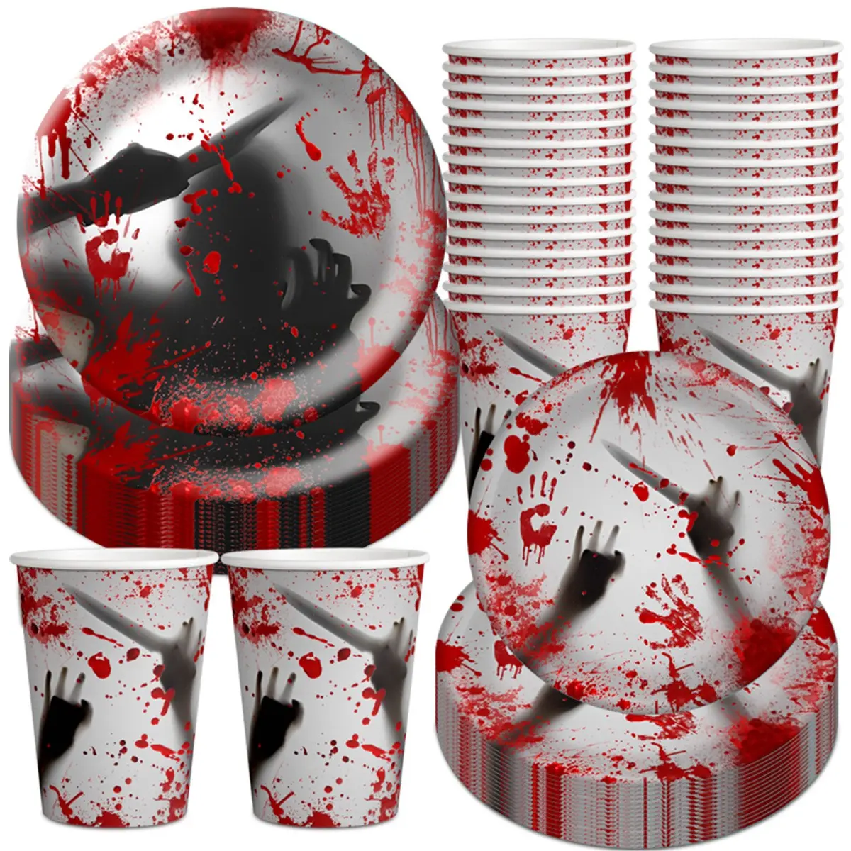 Halloween Theme Party Blood Print Paper Cups and Plates Set, Disposable Tableware for Halloween Parties, Perfect for Festive Celebrations