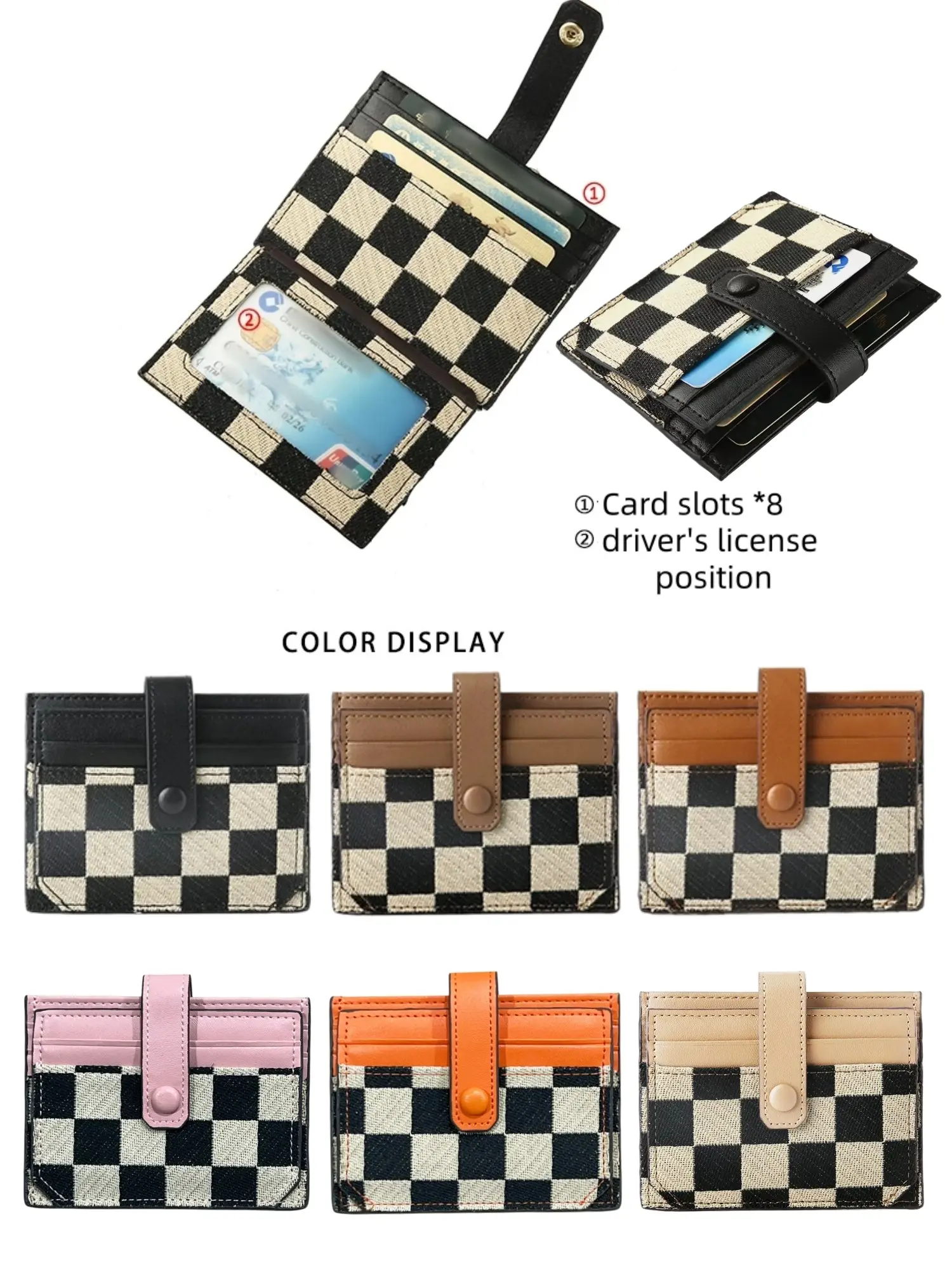New Two-Fold Small Card Wallet, Compact Short Bag, Colorblock Checkered Card Case, Multiple Slots, Apricot, Casual Card Holder, Credit Cards Holder