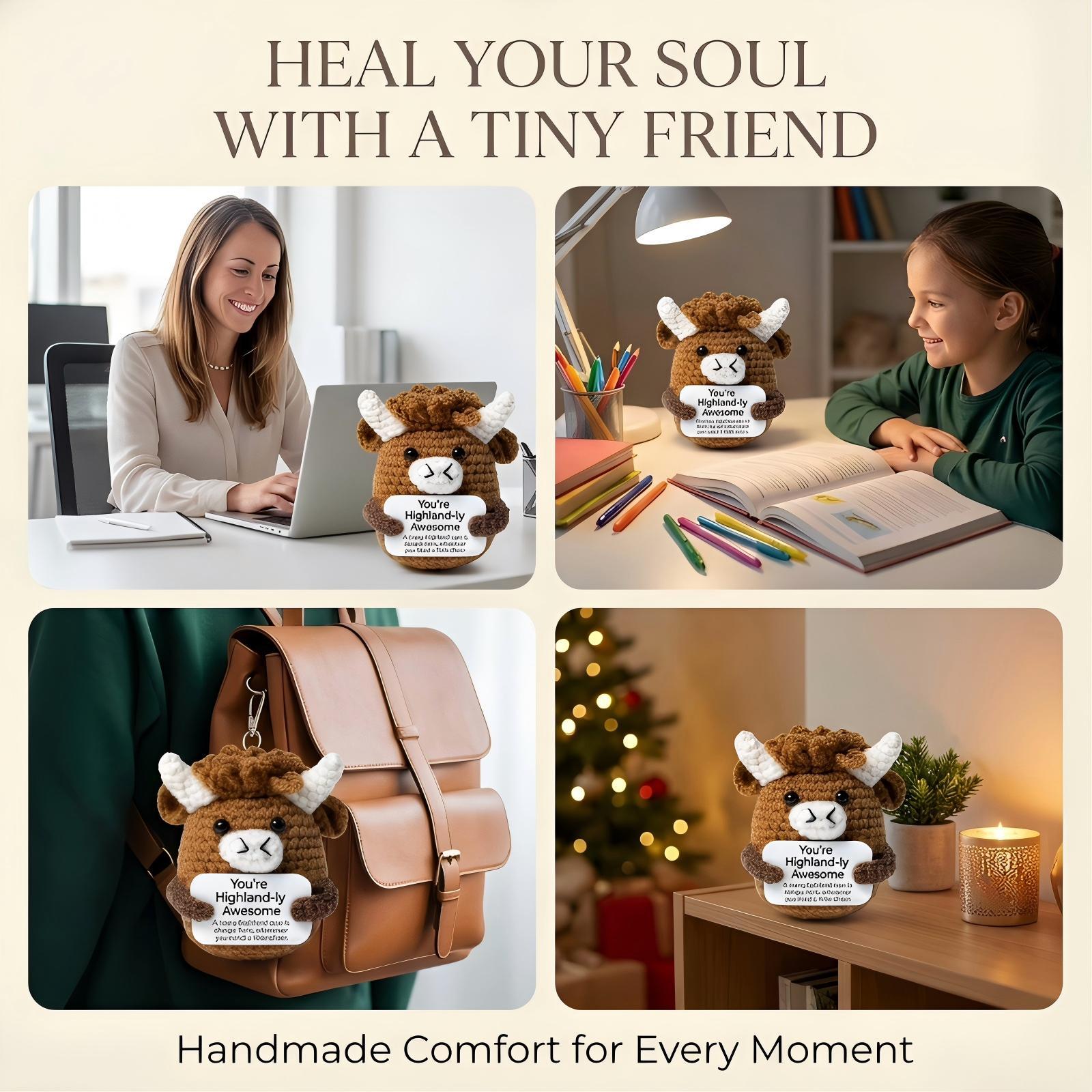 Cute Handcrafted Highland Cow Knit Plushie,Ultra Soft Fluffy Stuffed Animal,Squishy Relaxing Toy for Anxiety Relief,Adorable Bag Keychain Pendant,Perfect Festival Gift for Family Friends,Desk Bedroom Car Decor,Unique Handmade Crochet Cow Doll