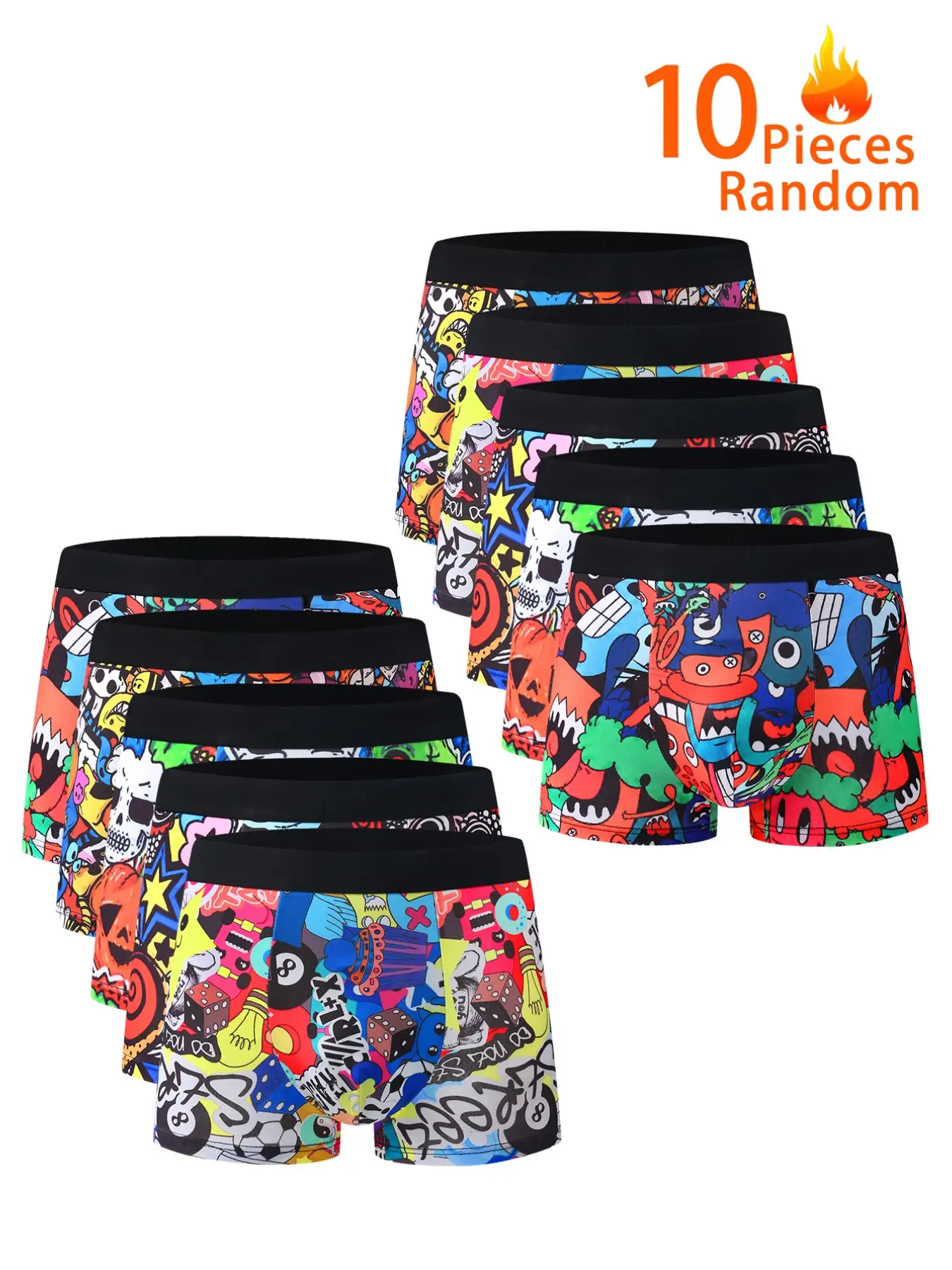 10 Pcs Random Pack Men's Boxer Briefs, Cartoon Street Art Print, Soft High Elastic Waist, Casual Slim Fit Trunks for All Seasons, Underwear Men