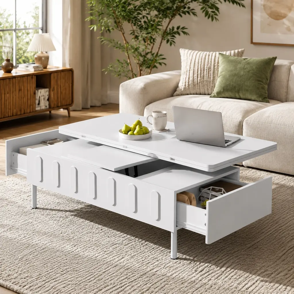 4-in-1 Collapsible Expandable Rectangle Lift-Top Coffee Table with Drawers - Modern MDF & Metal Legs Living Room Centerpiece, Adjustable Height, Foldable Top with Hidden Storage, Convertible for Family Dinners