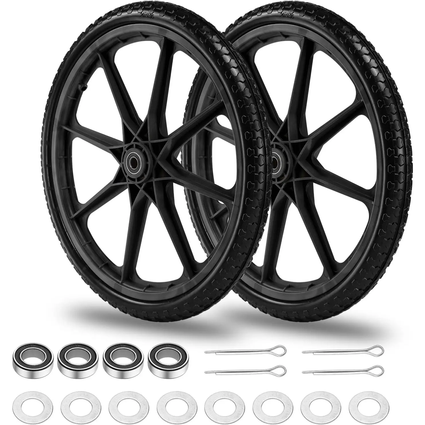20" Flat Free Tire and Wheel with 3/4" & 5/8" Bearing, Replacement Wheels for Wheelbarrow,Lawn Carts, Big Wheel Utility Carts and Garden Yard Cart, 2 Pcs Black