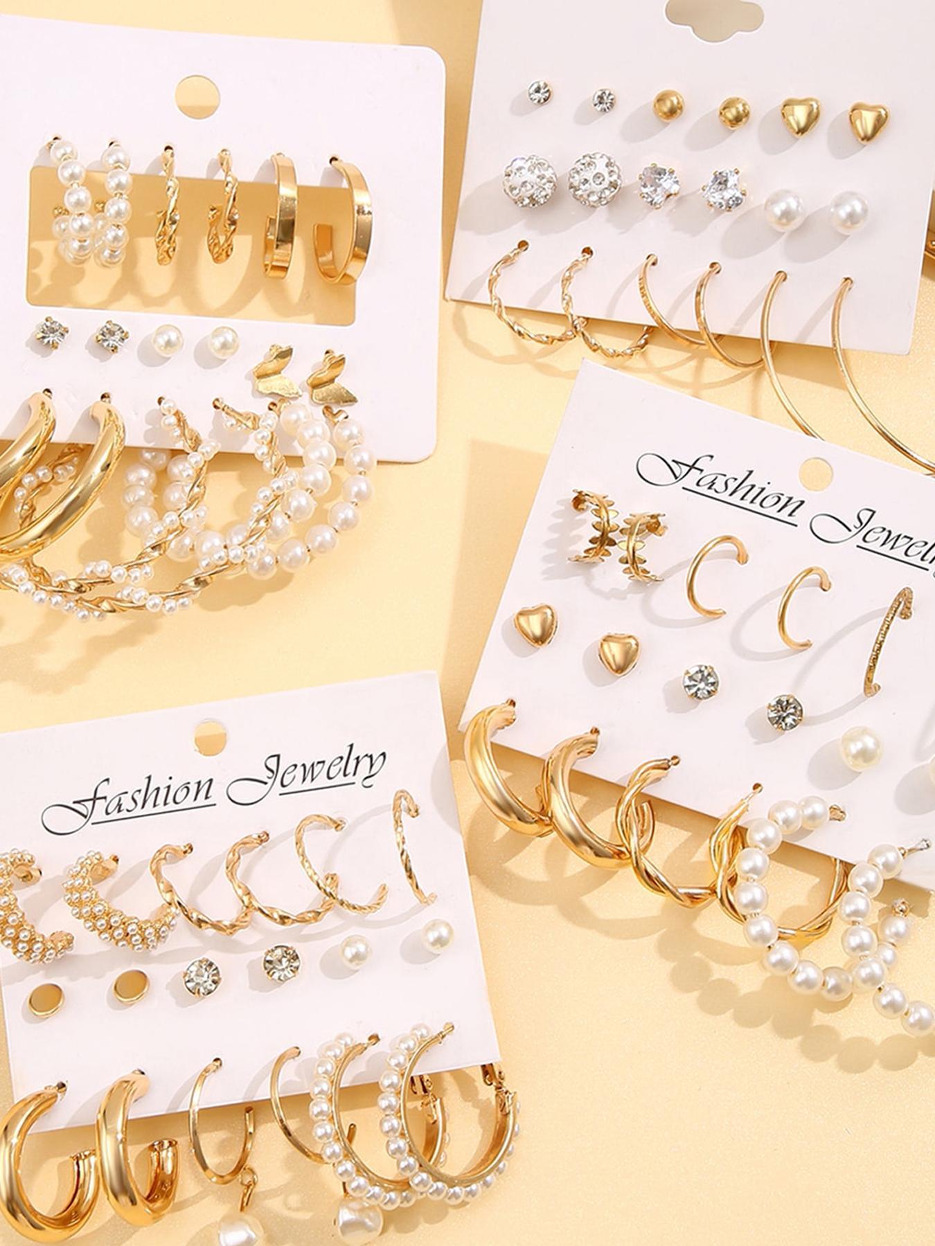 Mixed Shape Elegant Rhinestone & Faux Pearl Decor Dangle Earrings Set, Fall Geometry Hoop Earrings Set, Fashion Vintage Jewelry for Women & Girls for Back To School, Fall Freshness, Girlfriend Gifts