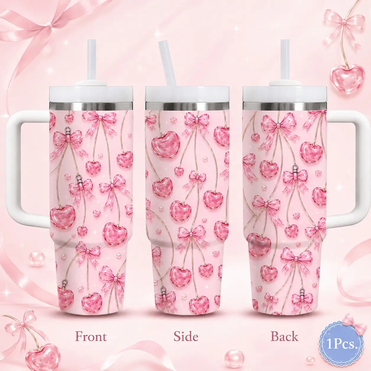 Pink Glitter Cherry Bow Coquette Seamless Pattern Water Bottles 40oz Stainless Steel Vacuum Insulated Tumbler with Handle & Straw | Long-Lasting Cold & Heat Retention, Leak-Resistant | For Iced Coffee, Water, Office, Gym & Travel