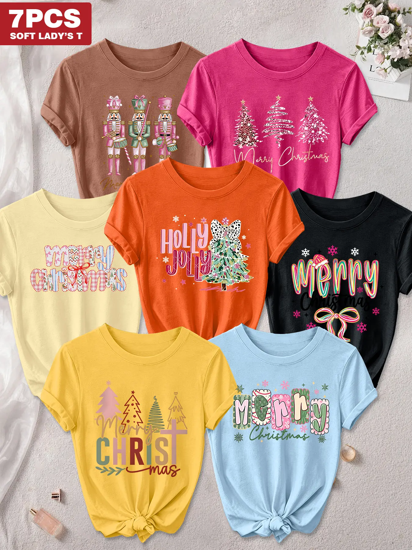 7Pcs Women Crew Neck T-Shirt, Cute Christmas Holiday Print Nutcracker, Xmas Tree & Festive Letter Graphics, Multi-color Available, Machine Washable, Soft Skin-friendly Spring Summer Daily Stylish Top