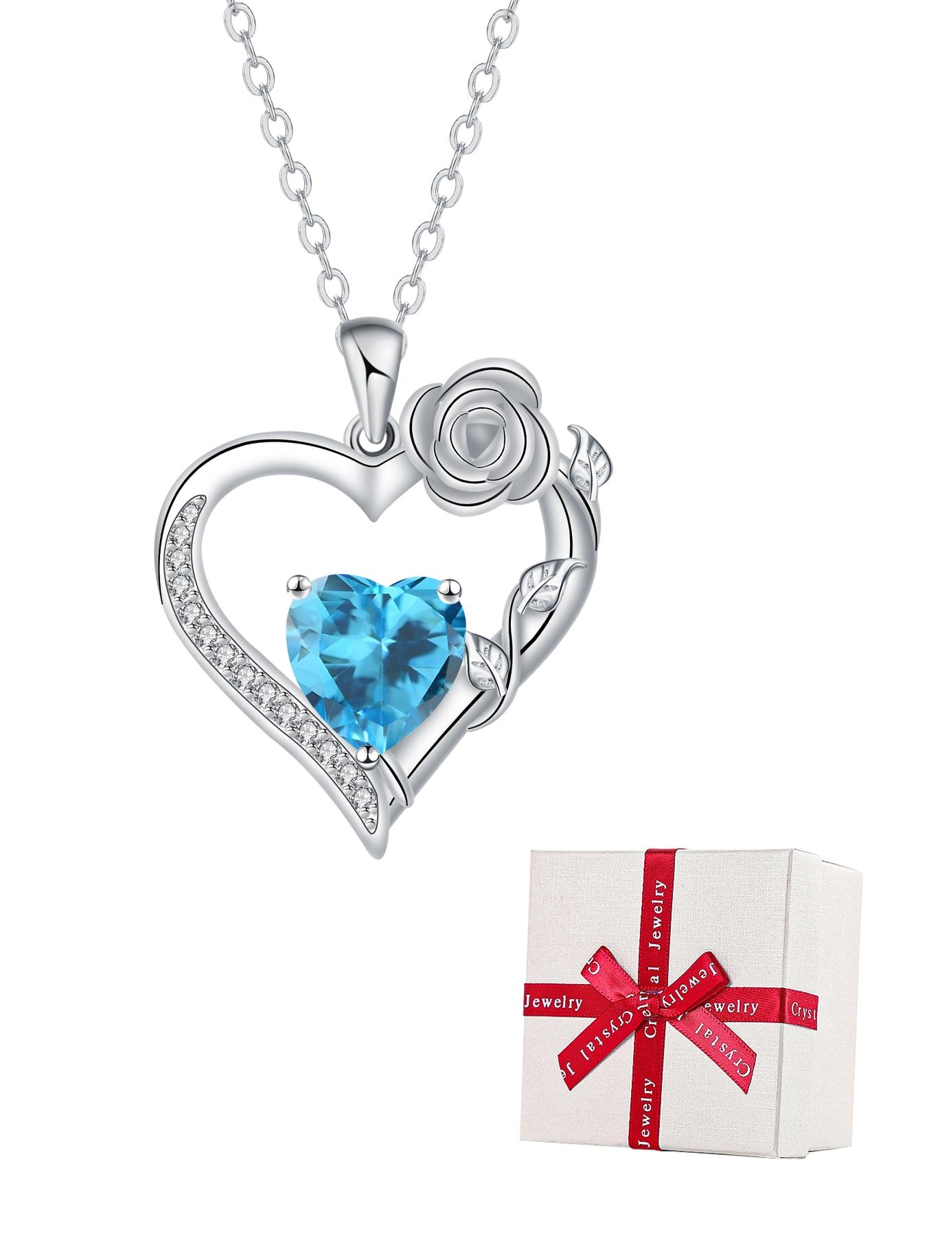 Rose Flower Heart Pendant Necklace With Rose Jewelry Gift Box, Exquisite Jewelry Gift, Anniversary Valentines Day Necklace Gift for Wife Girlfriend, Birthday Gifts for Mom Daughter, Heart Design Necklace