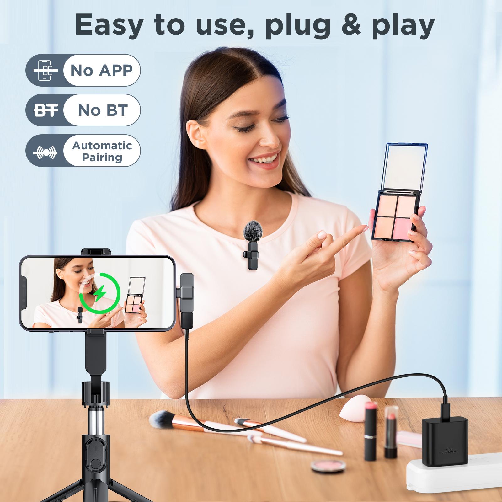 Wireless Lavalier Microphone, 1 Set USB Rechargeable Wireless Microphones, Professional Mini Microphones for iPhone, iPad, Android, Mini Recording Microphone, Wireless Streaming Mic Receiver