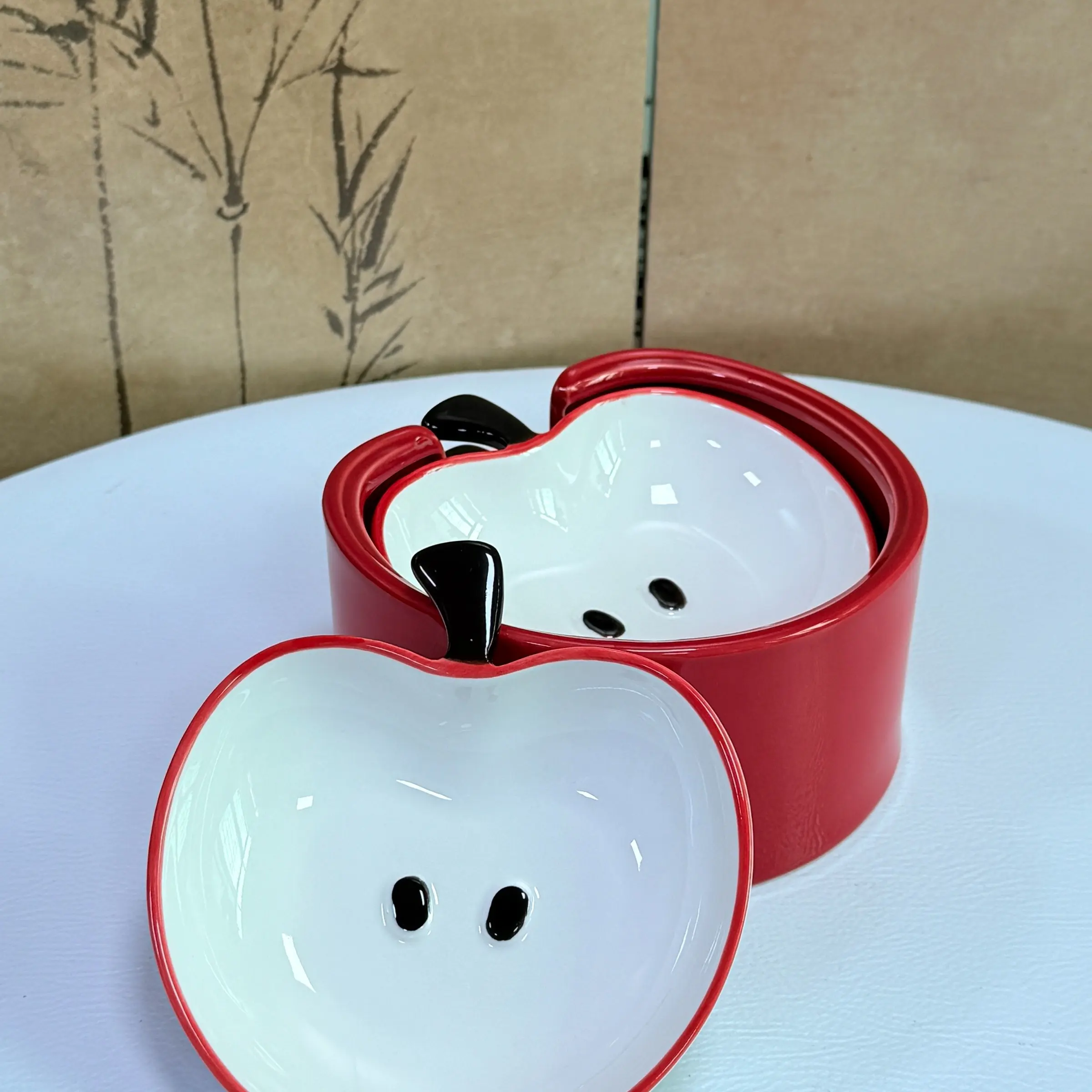Cute Apple Ceramic Dip Dish Set, Bowls, Tableware, Kitchenware, Fun Smiley Design, Kitchen Sauce Holder, Jewelry Organizer, Smooth Glazed, Easy Clean, Dual Use