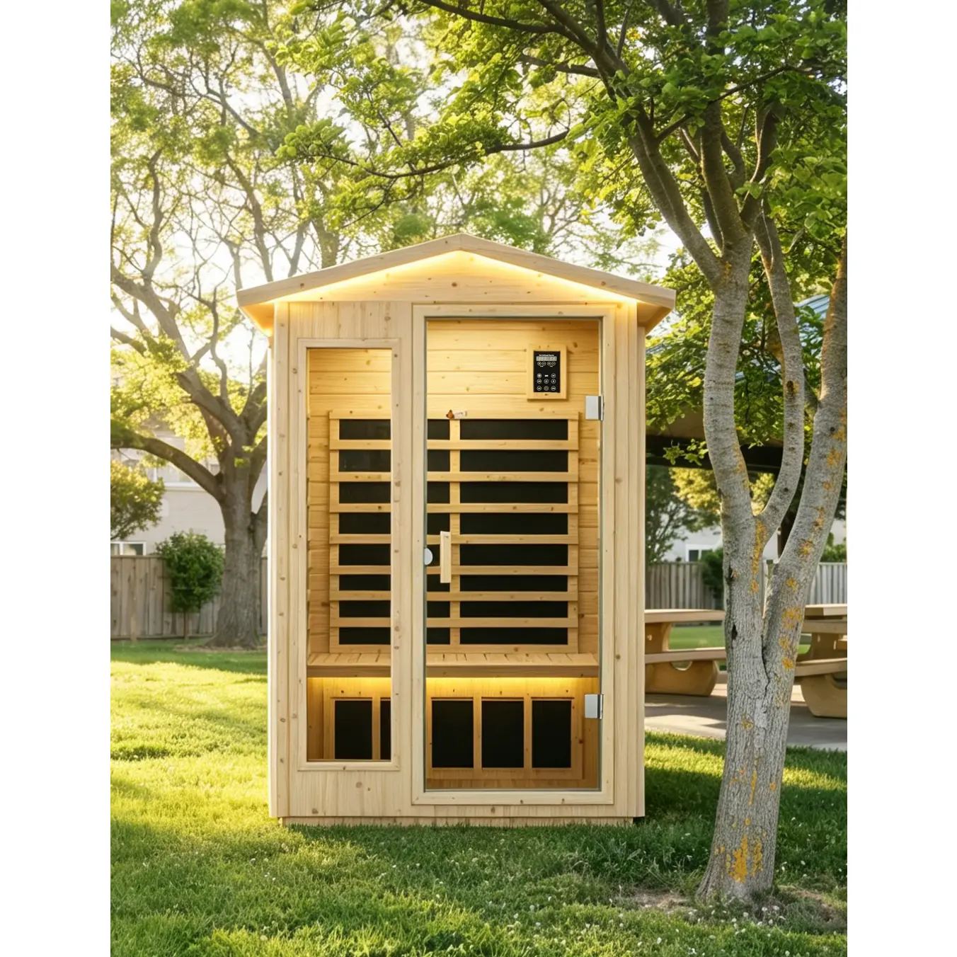 ARCH Home Indoor Far Infrared Sauna Room - Natural Norway Spruce Wood+Glass Construction, Sturdy Frame, 6 Heating Plates, 1850W Power, 120V US Plug, 58.27D x 40.75W x 81.10H in, 300KG Seat Capacity, 150-190cm Height, Natural Wood Color Options, 1 Unit