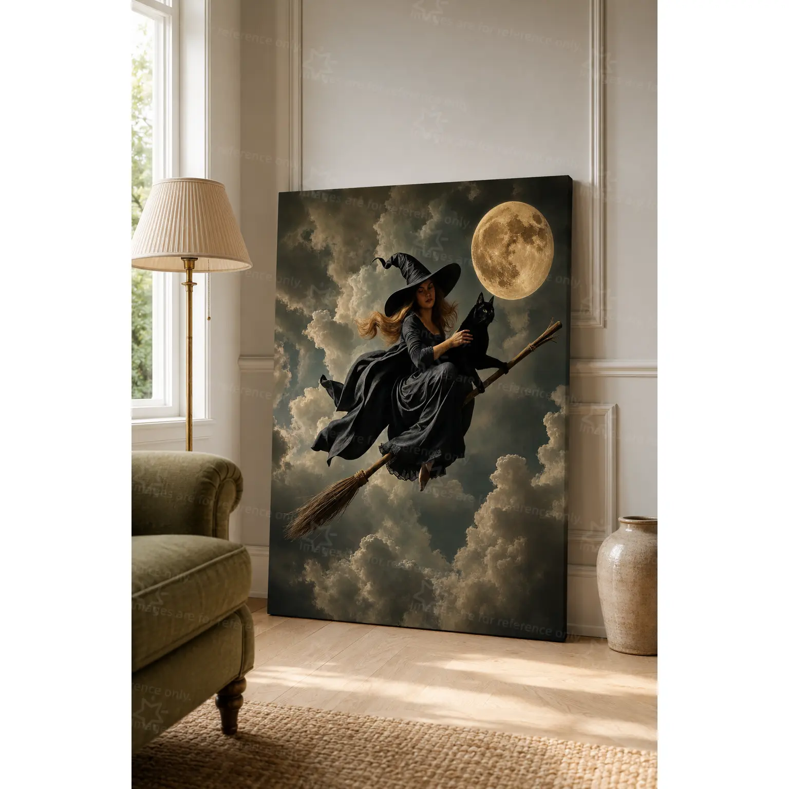 1pc Witch Riding Broomstick With Black Cat Under Full Moon Poster, Moody Cloudy Night Sky Fantasy Art wall decor, Dark Cottagecore Magical Print for Living Room, Bedroom, Entryway and Home Decor