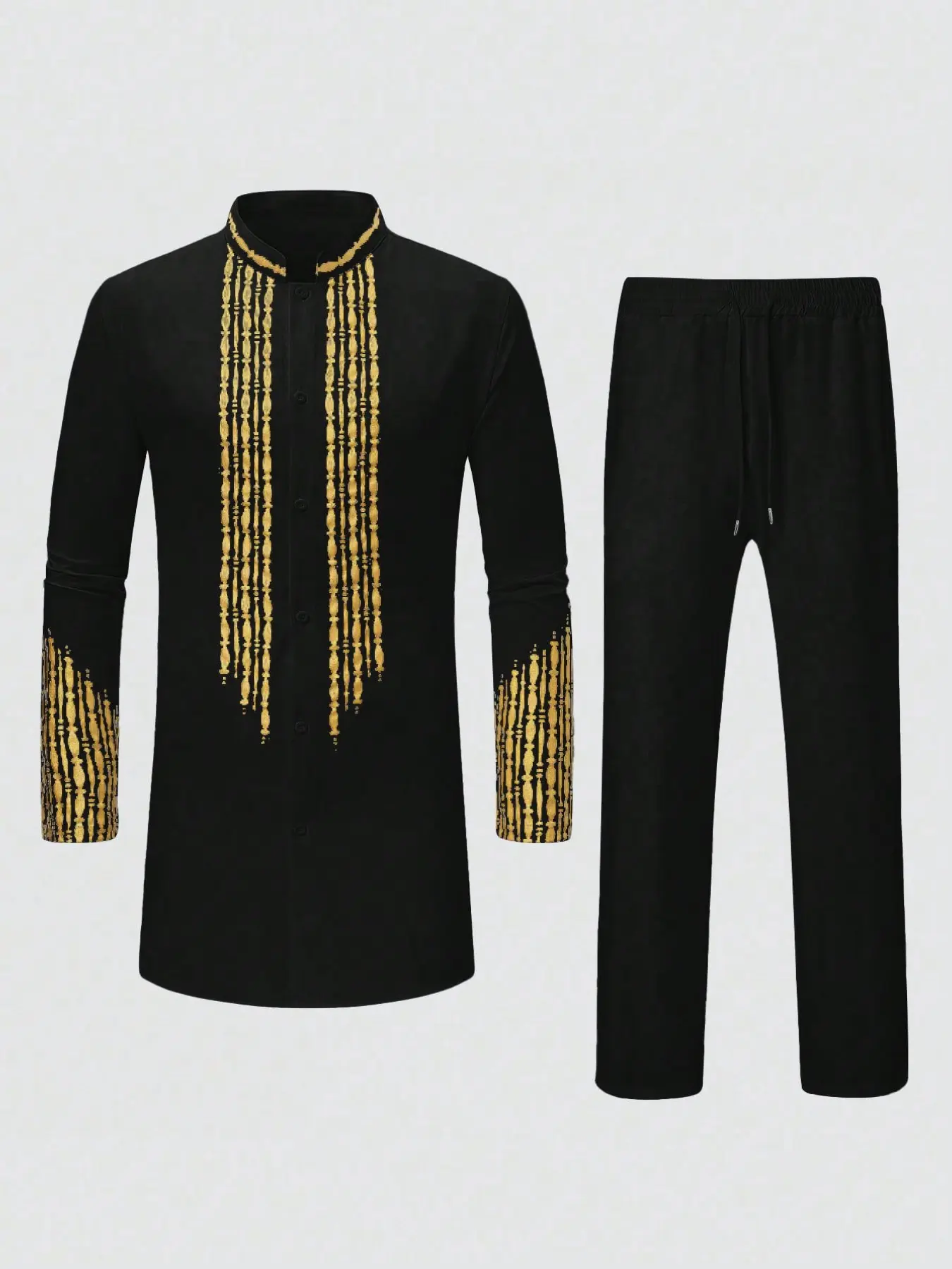 Men's Luxury Gold Embroidered African Traditional Suit - Premium Long Sleeve Longline Shirt & Straight Pants 2-Piece Set for Church, Festival & Formal Evening Wear
