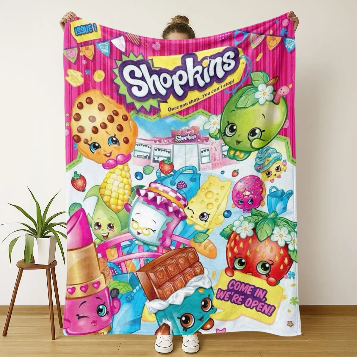 Shopkins Throw Blanket, Cartoon Food Character Flannel, Soft Cozy Cute Collectible Blanket for Sofa Bed Gift, Perfect for Kids & Adults, Printed Flannel Blanket